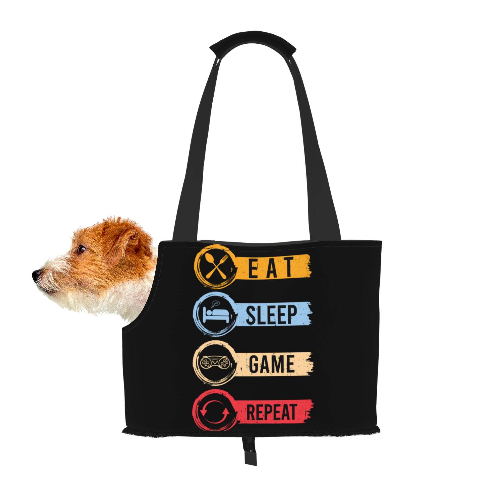 TEQUAN Foldable Dog Purse Carrier, Collapsible Vintage Style Eat Sleep Game Repeat Prints Pet Travel Tote Bag for Small Cat Puppy, Waterproof Dog Soft-Sided Carriers