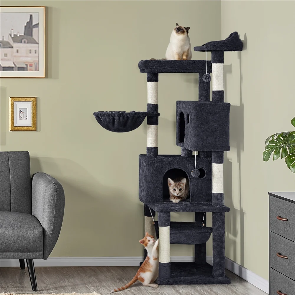 Topeakmart 64.5in Multi-level Large Cat Tree Condo Tower with Hammock Scratching Posts & Hammock, Black