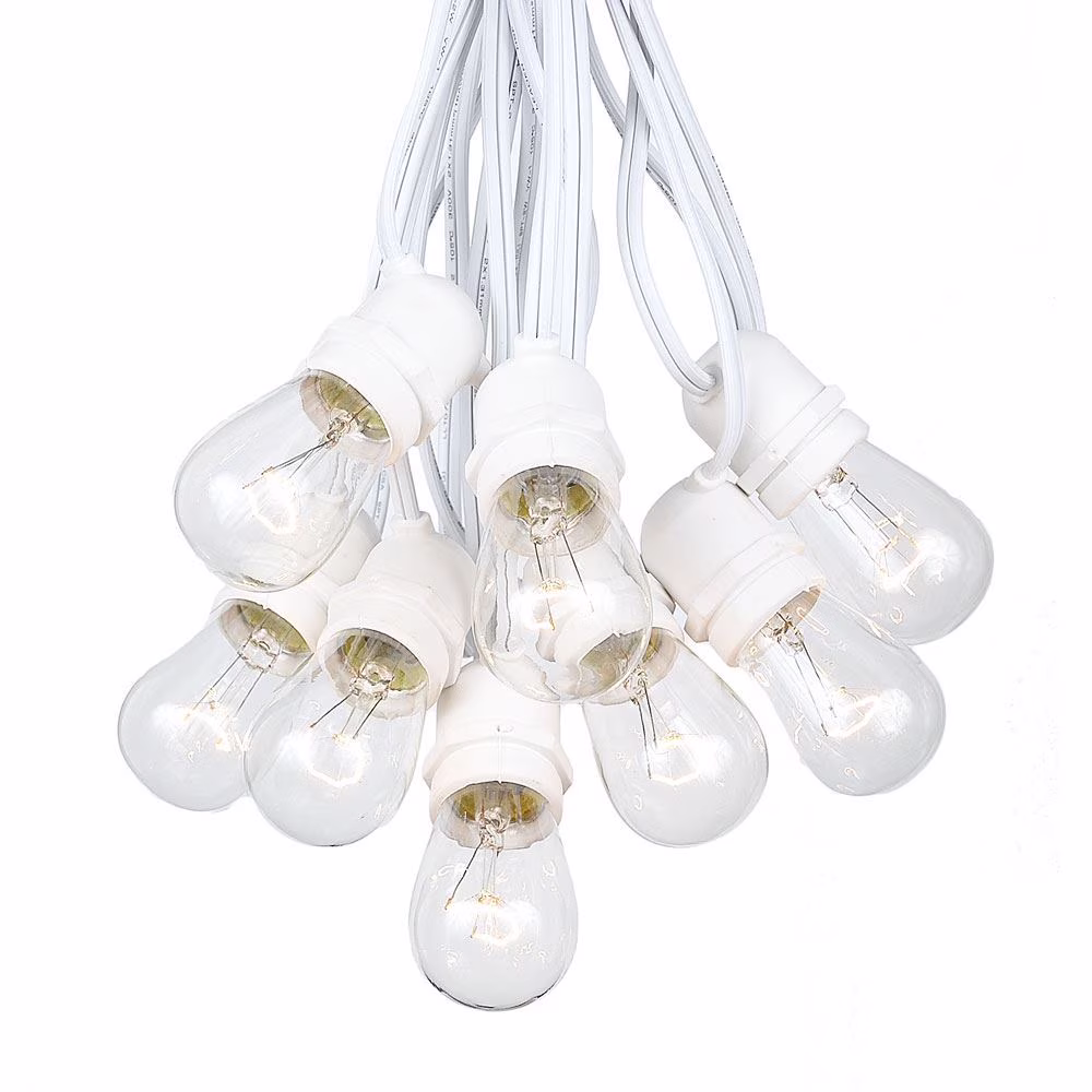 Novelty Lights 37.5' Clear Incandescent S14 Edison Outdoor String Lights, In-Line, Commercial Grade, Backyard Garden Gazebo, Cafe Market Patio Lights, White Wire, 25 Sockets