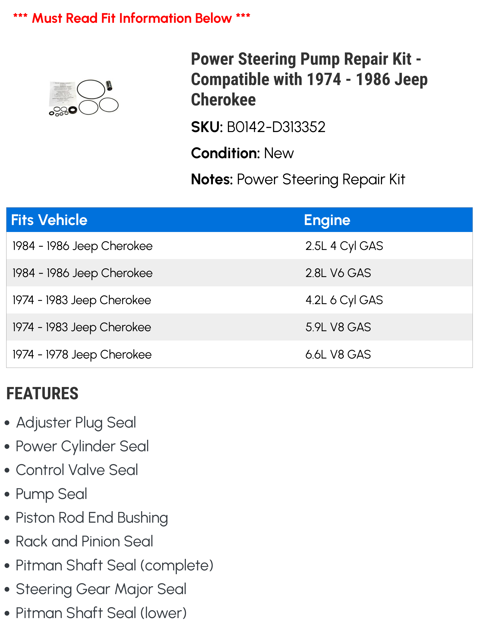 Power Steering Pump Repair Kit - Compatible with 1974 - 1986 Jeep Cherokee 1975 1976 1977 1978 1979 1980 1981 1982 1983 1984 1985