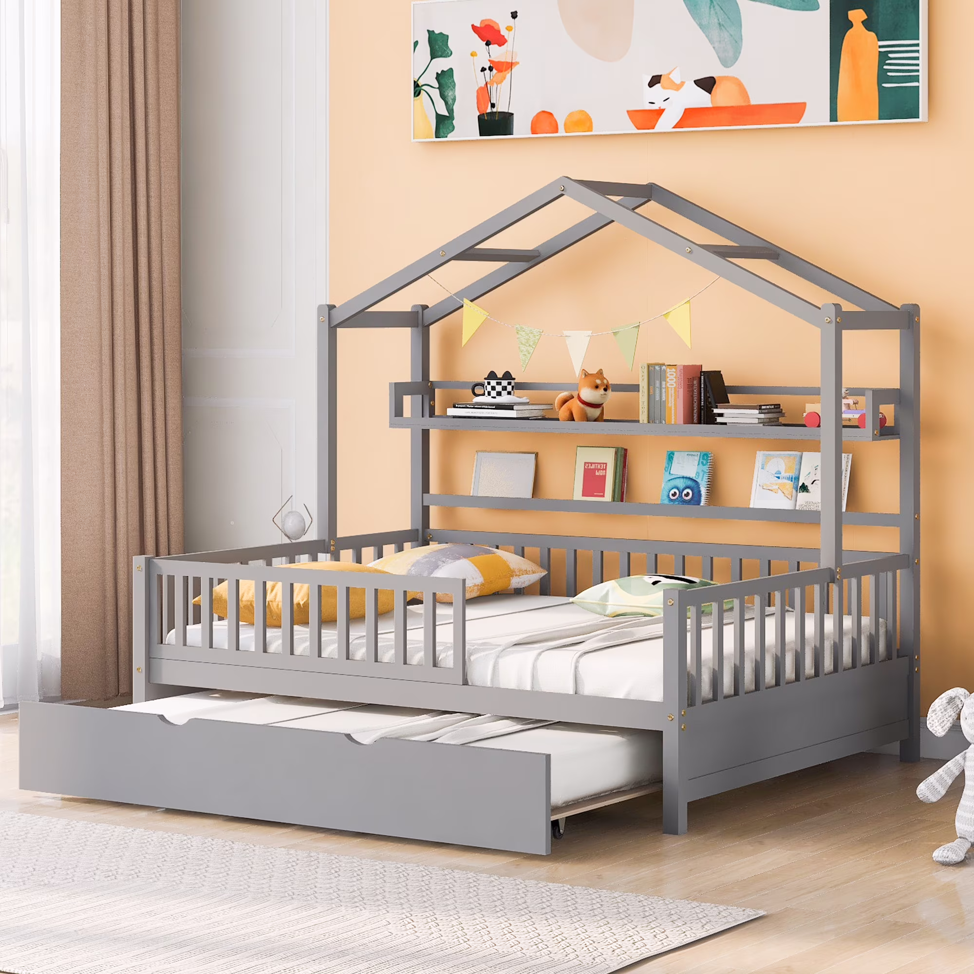 Churanty Full Size House Bed with Trundle and Storage Shelves, Kids Platform Bed with Fence Rails Wood Playhouse Tent Bed Frame for Girls Boys,Gray