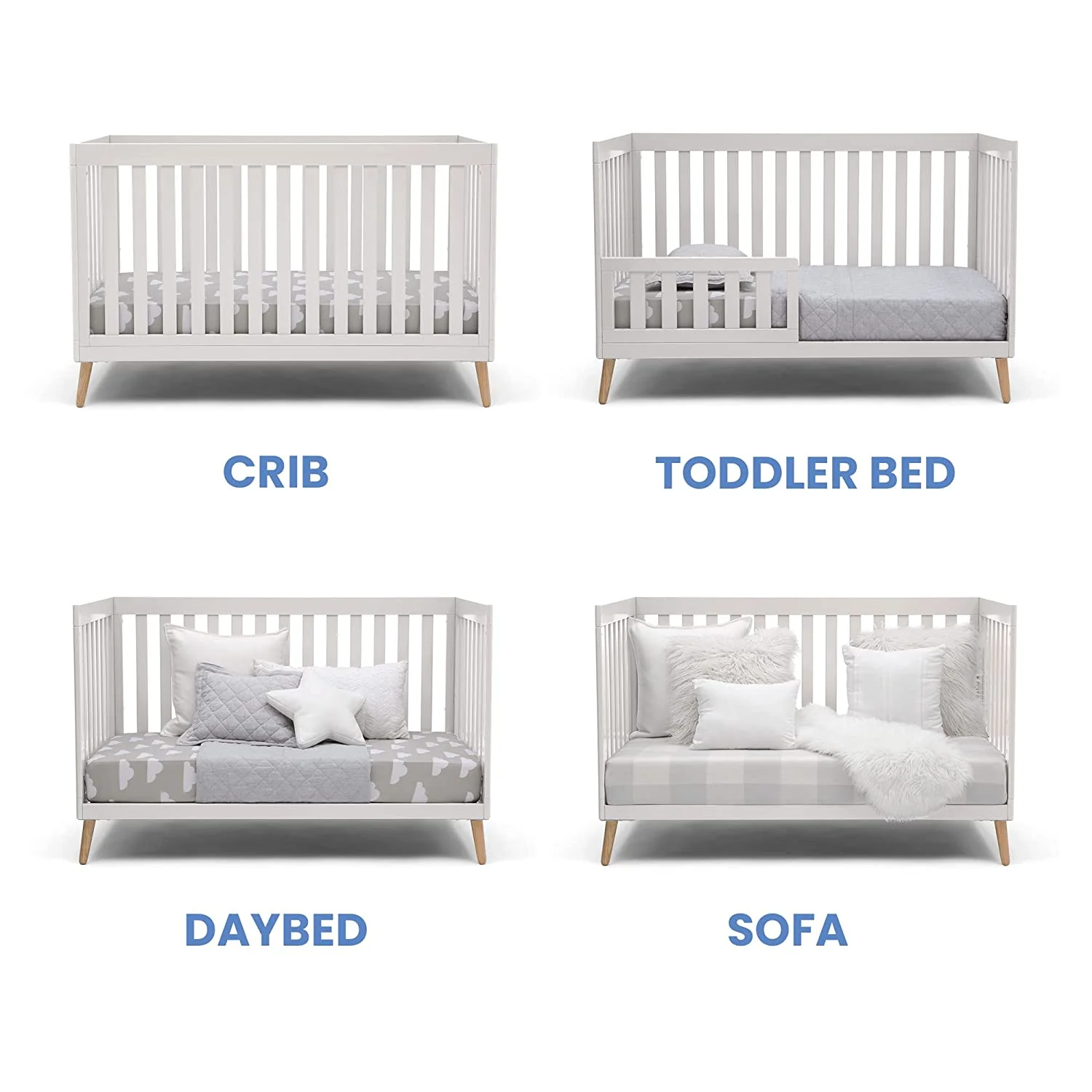 Delta Children Essex 4-in-1 Convertible Baby Crib, Bianca White/Natural Legs