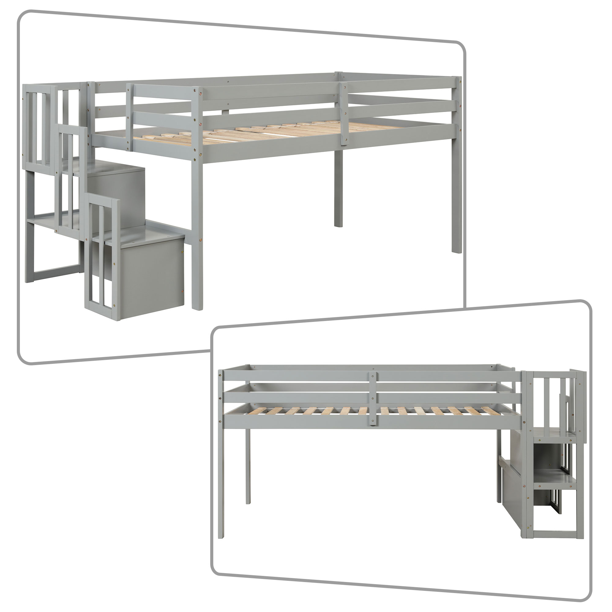 Classic Minimalist Style Twin Size Wooden Loft Bed with Staircase, White