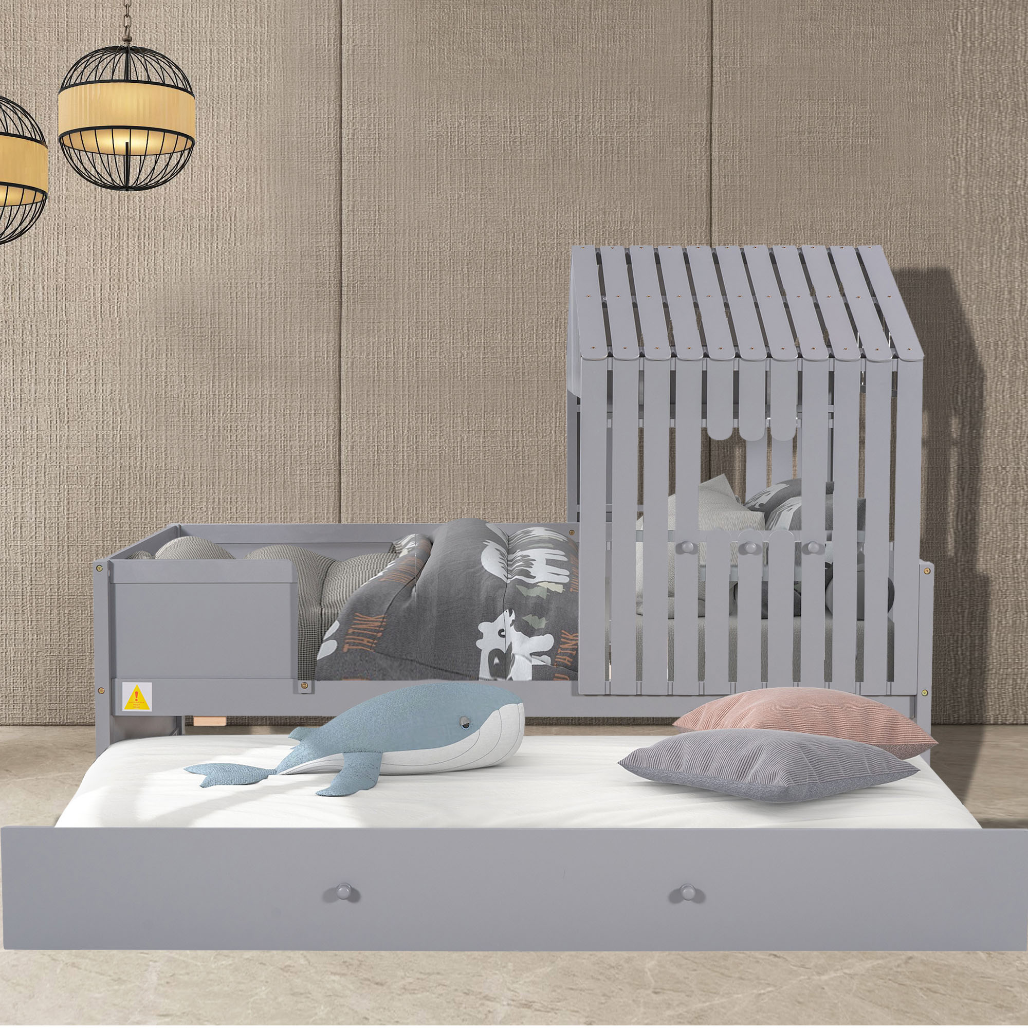 Double Low Loft Bed with Rollers, Gray, Suitable for Various Homes, Size, 77.9