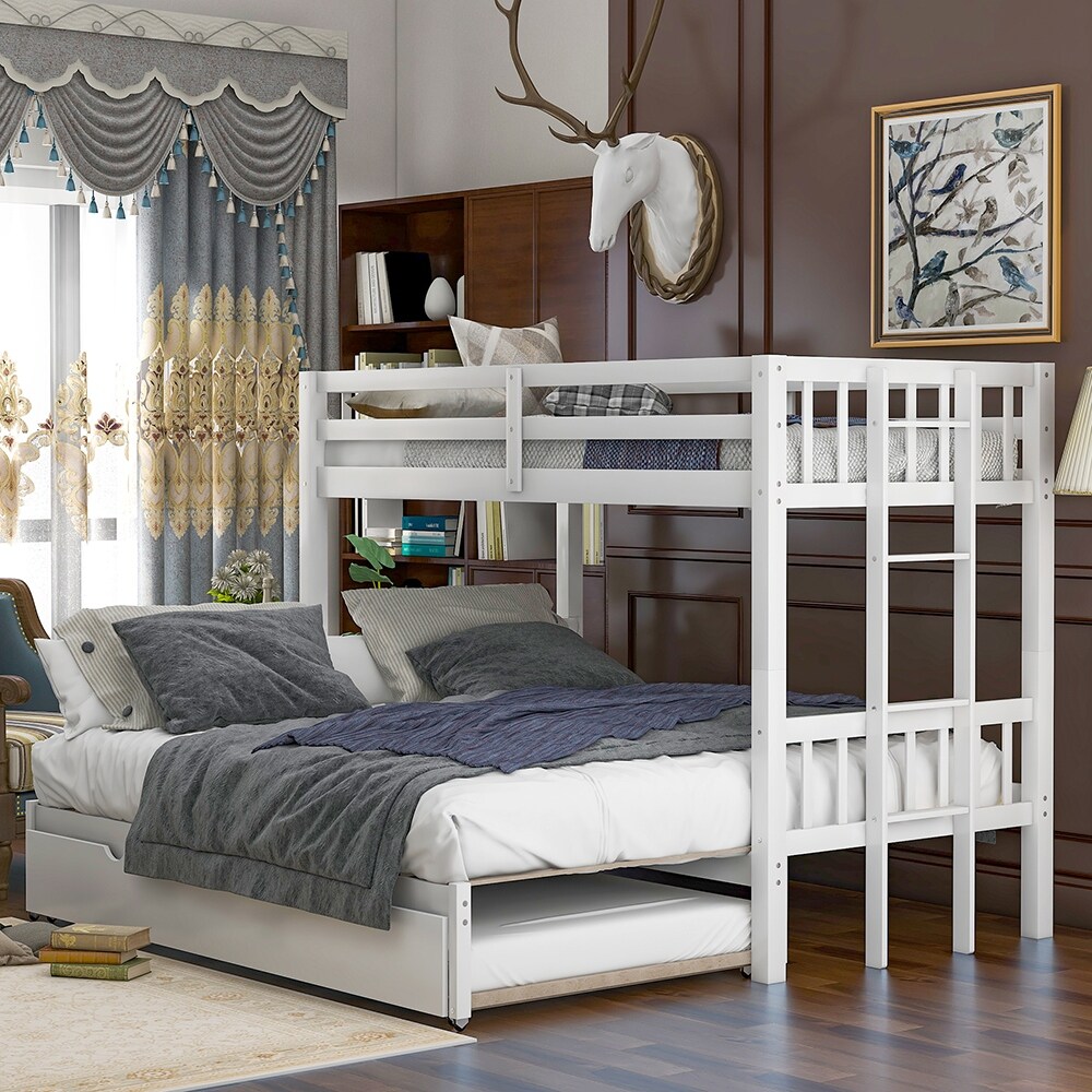 LivEditor Bedroom Bed Frame Twin over pull-out bunk bed with trundle White