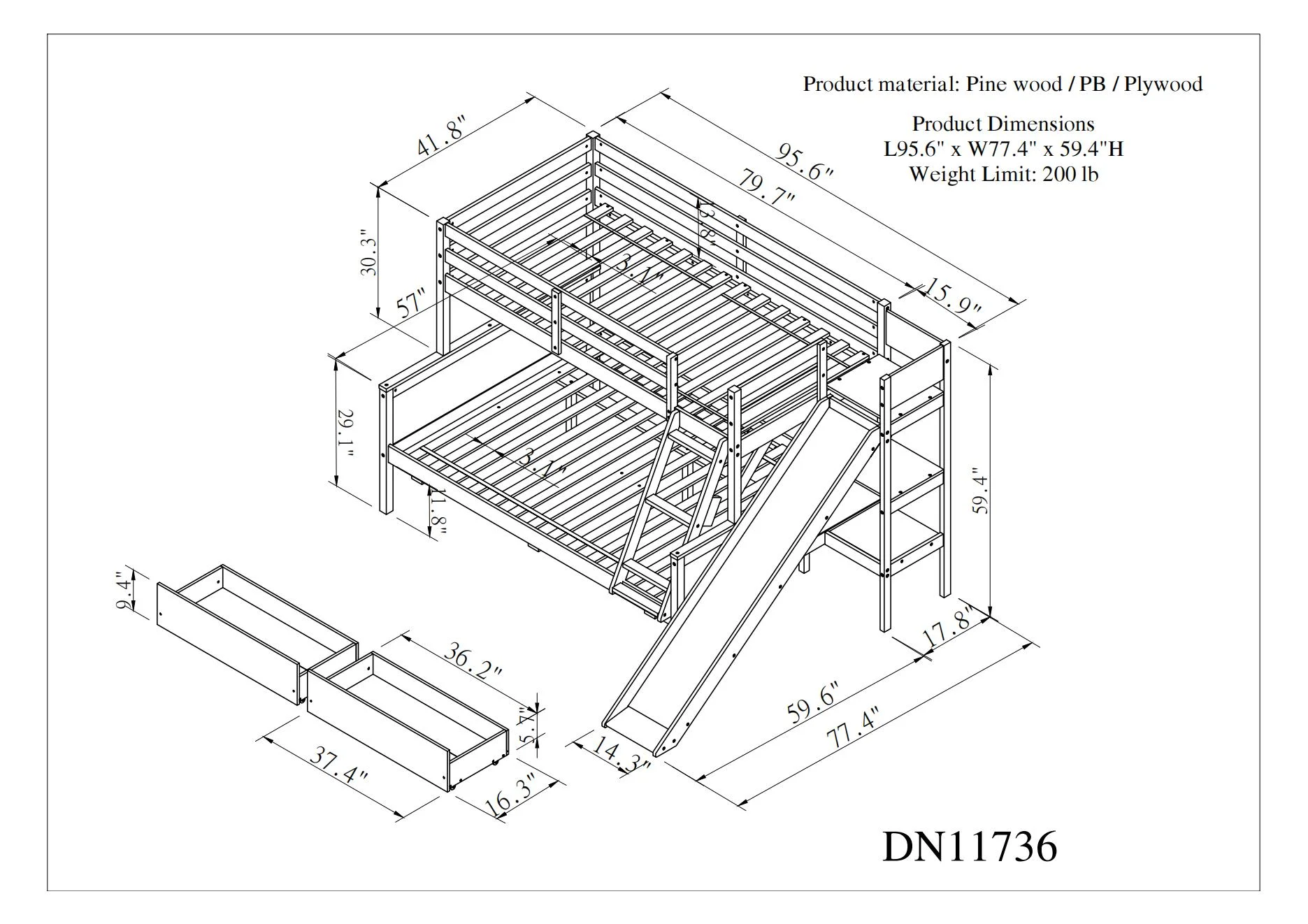 Double detachable bed ,Twin over Full Bunk Bed with 2 Drawers,Slide,Shelves White