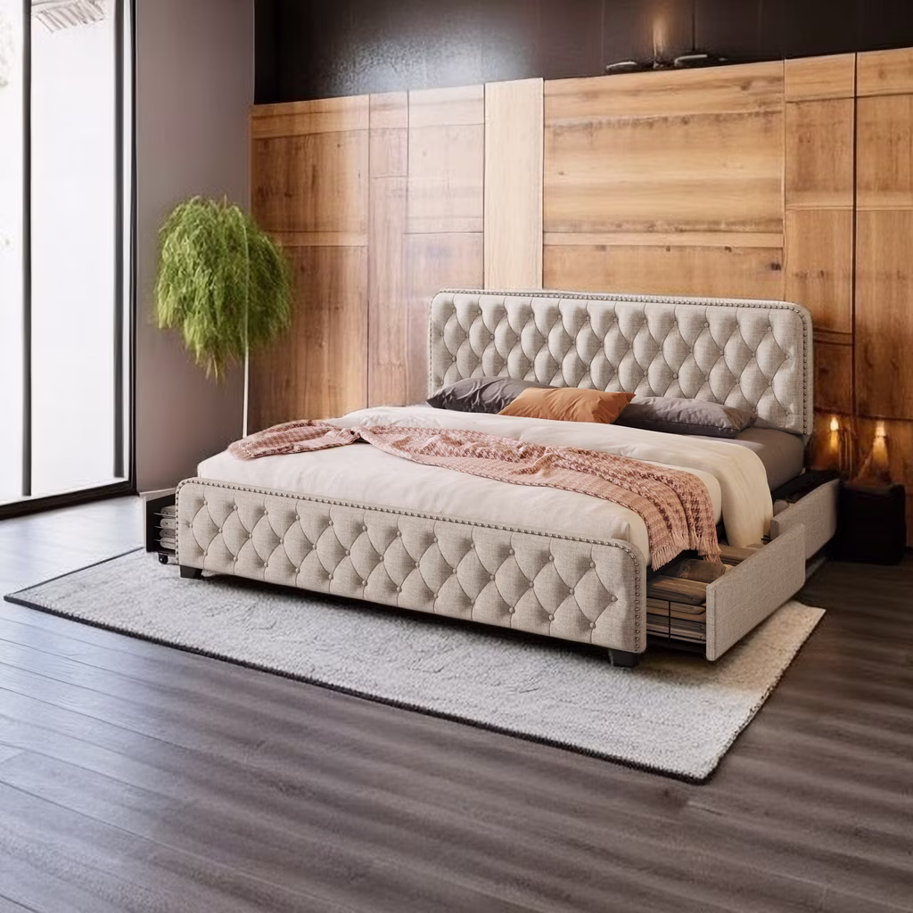 King Size Upholstered Platform Bed Frame with 4 Storage Drawers, Metal Bed Frame with Button Tufted Headboard and Footboard Sturdy Wood Slat Support, No Box Spring Required