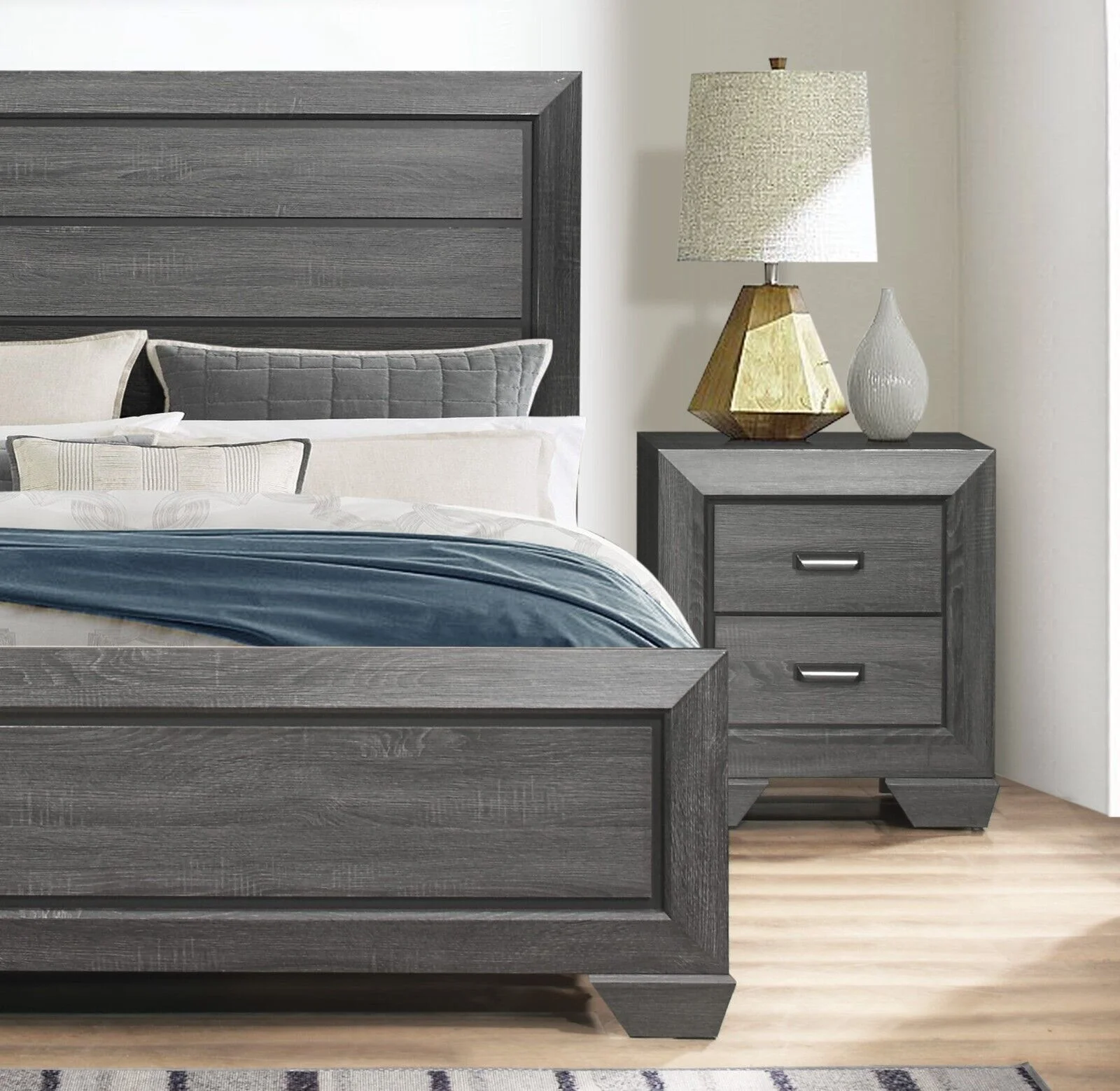 Contemporary 4pc Queen Size Bedroom Set Gray Finish Bed Dresser Mirror Nightstand Wooden Bedroom Furniture