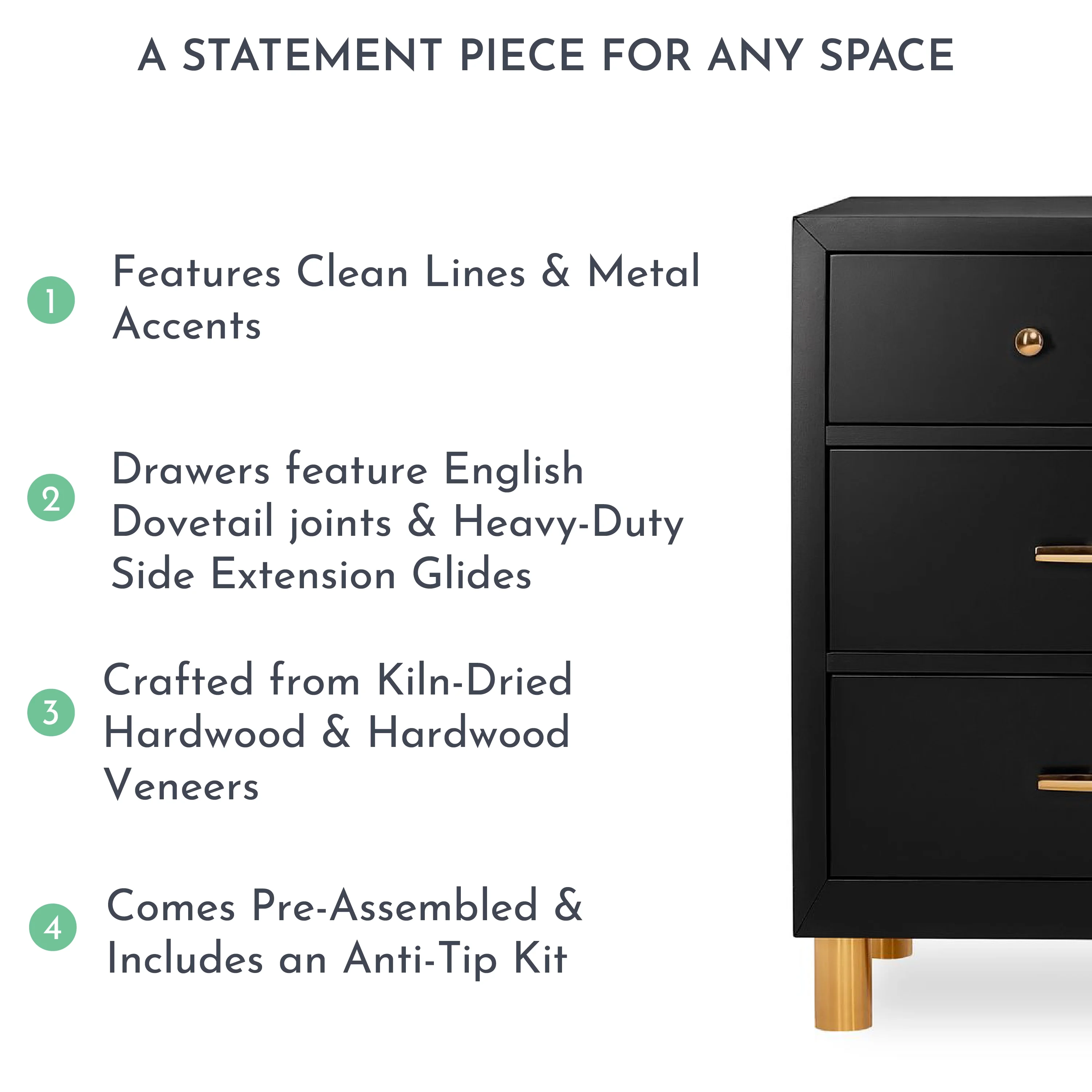 Evolur Loft Art Deco Double Dresser with 7 Drawers, Metal Drawer Pulls, Black, Modern