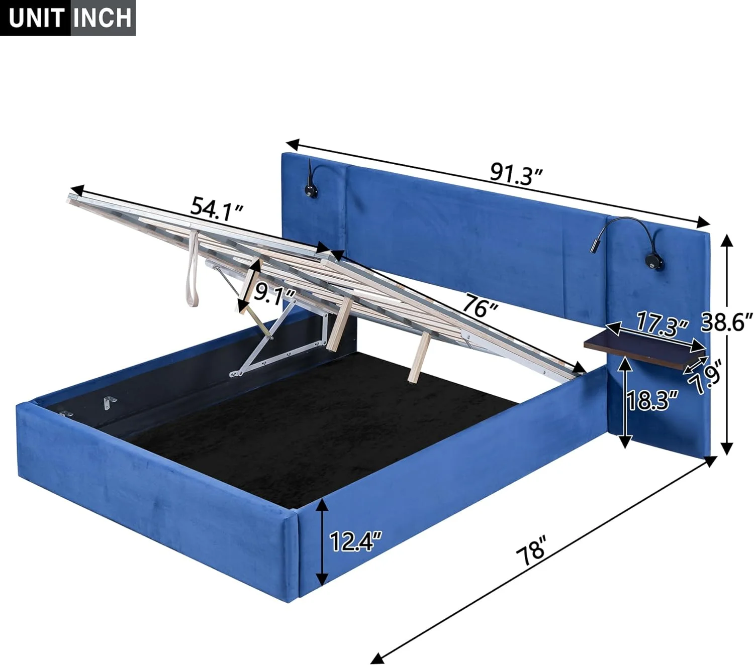 Modern Upholstered Platform Bed, Full Size Storage Upholstered Hydraulic Platform Bed with 2 Shelves, 2 Lights and USB, for Kids Teens (Blue, Full)