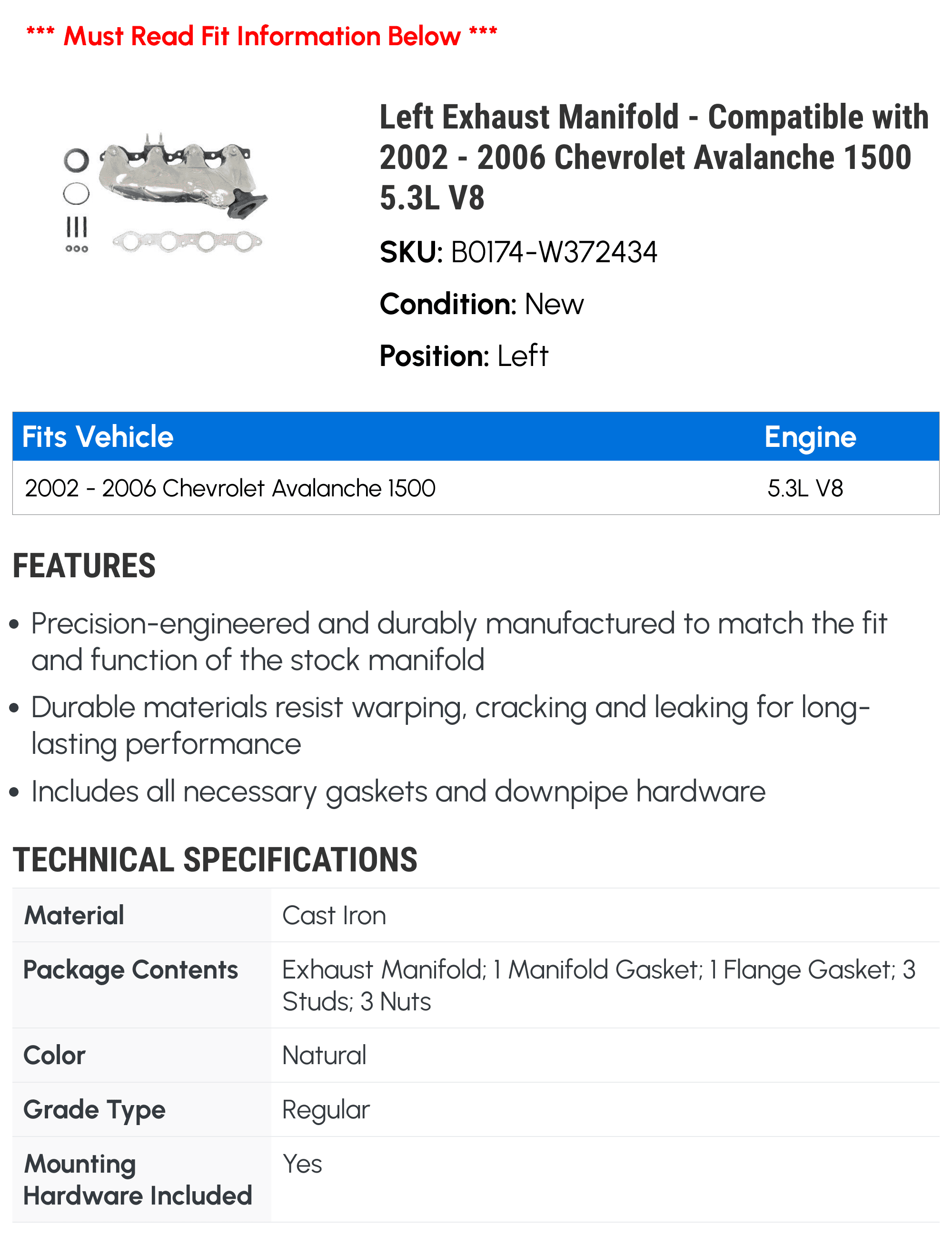 Left Exhaust Manifold - Compatible with 2002 - 2006 Chevy Avalanche 1500 5.3L V8 2003 2004 2005