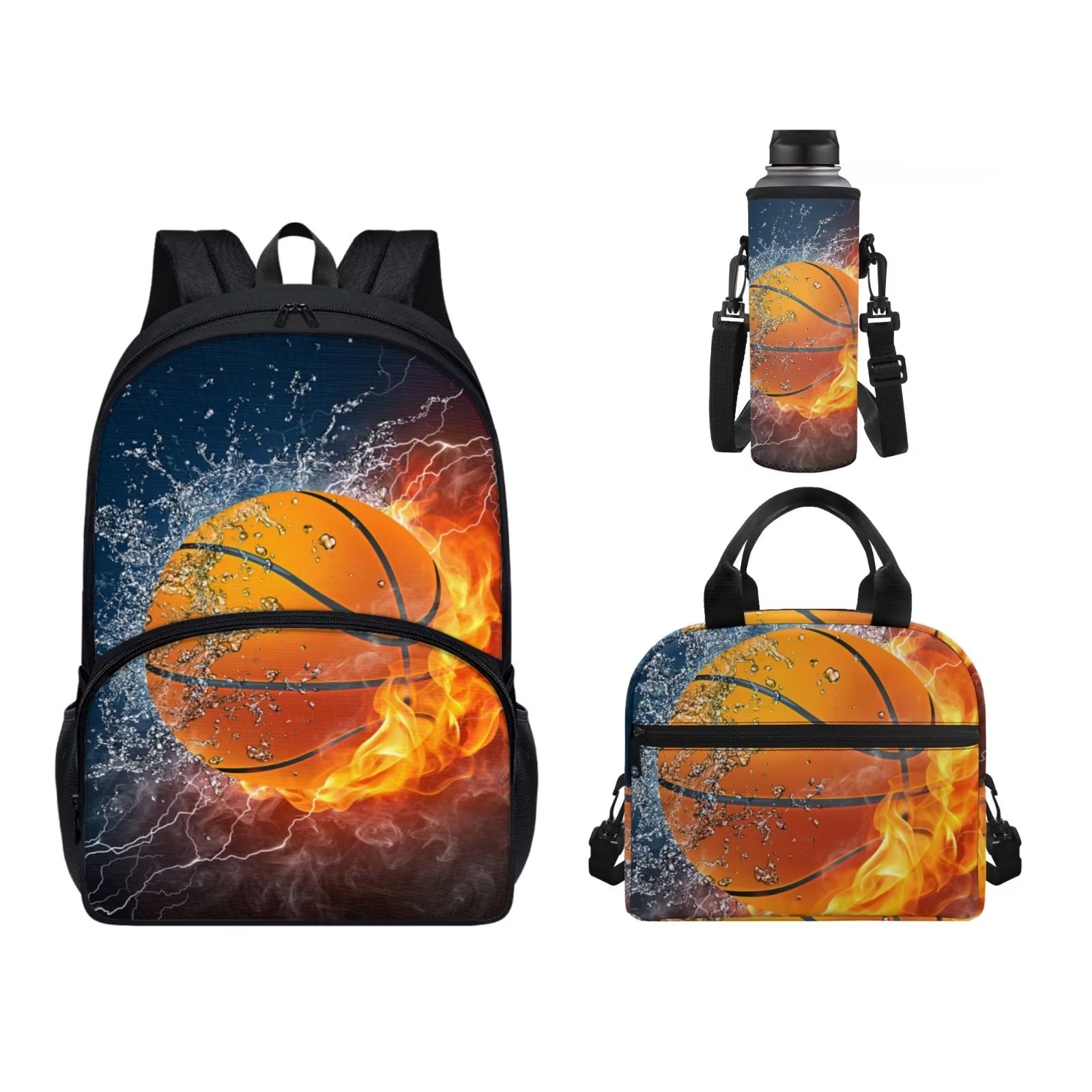 Pzuqiu Fire Basketball Kids 3 Pieces Backpack Set Boys Large Capacity School Bags Daypack with Thermal Lunch Handbag and Bottle Sleeve Teens Preschool Bookbag Set