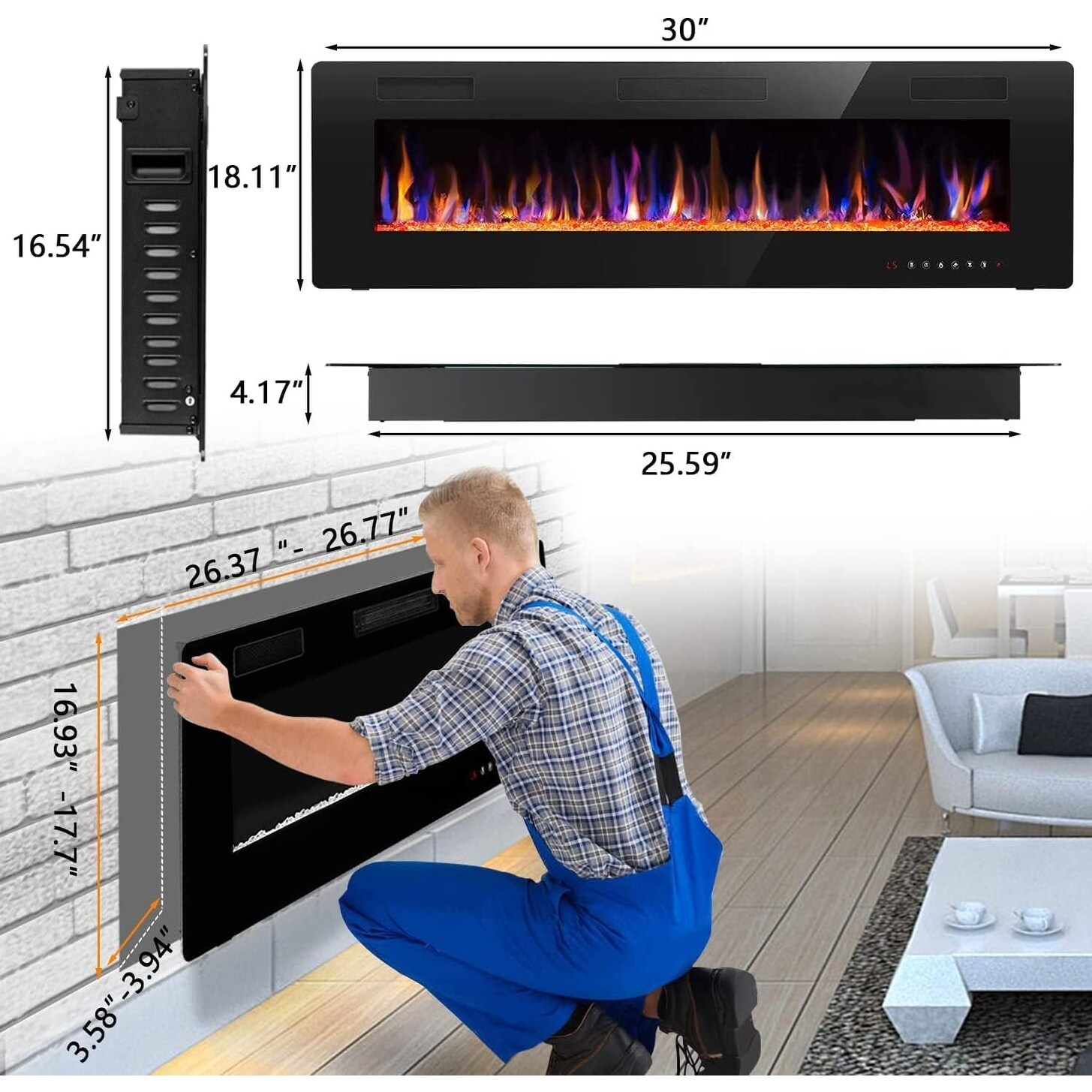 Bossin  36 to 72 inch Electric Fireplace Ultra-Thin and Silence Linear Recessed Wall Mounted Fireplace with Remote Control 30*18.11*4 inches Glossy