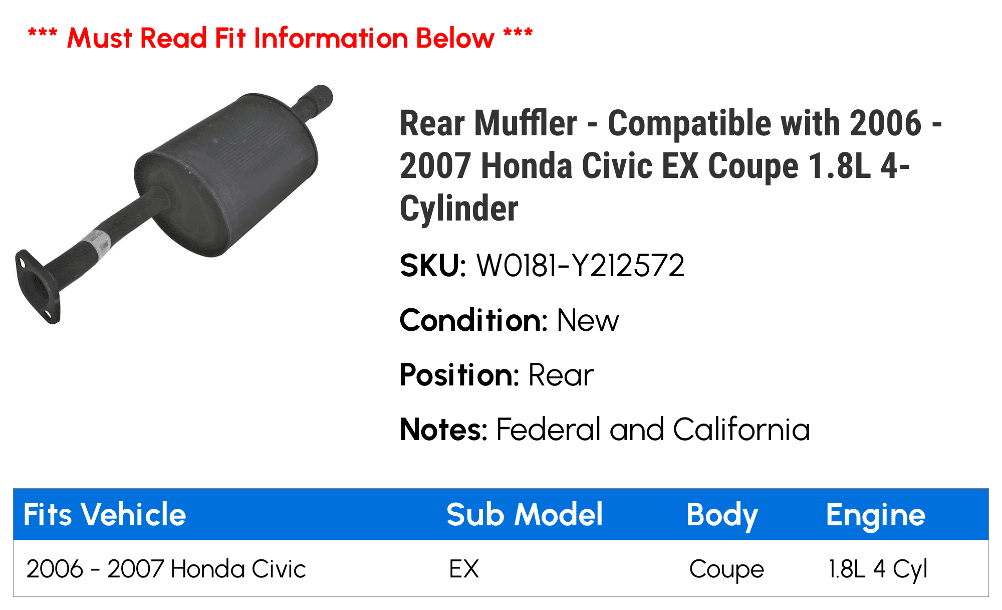 Rear Muffler - Compatible with 2006 - 2007 Honda Civic EX Coupe 1.8L 4-Cylinder
