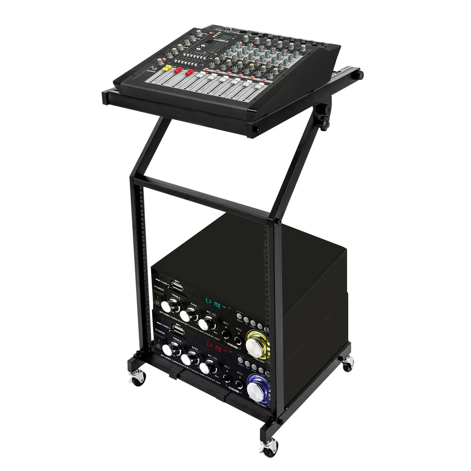 12U/16U Freestanding DJ Mixer Stand  Studio Equipment Cart , Black Angle Adjustable DJ Cart with Wheels