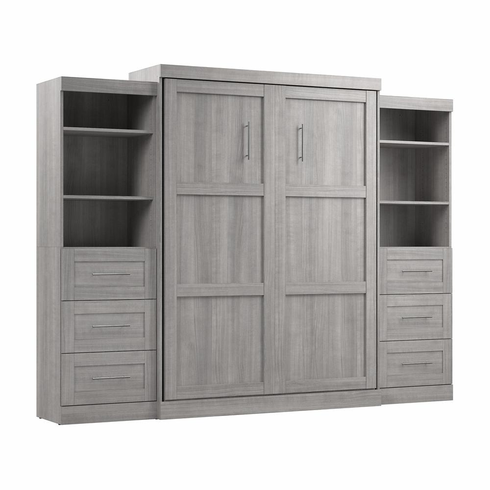 Bestar Pur Queen Murphy Bed and 2 Shelving Units with Drawers (115W) in Platinum Gray