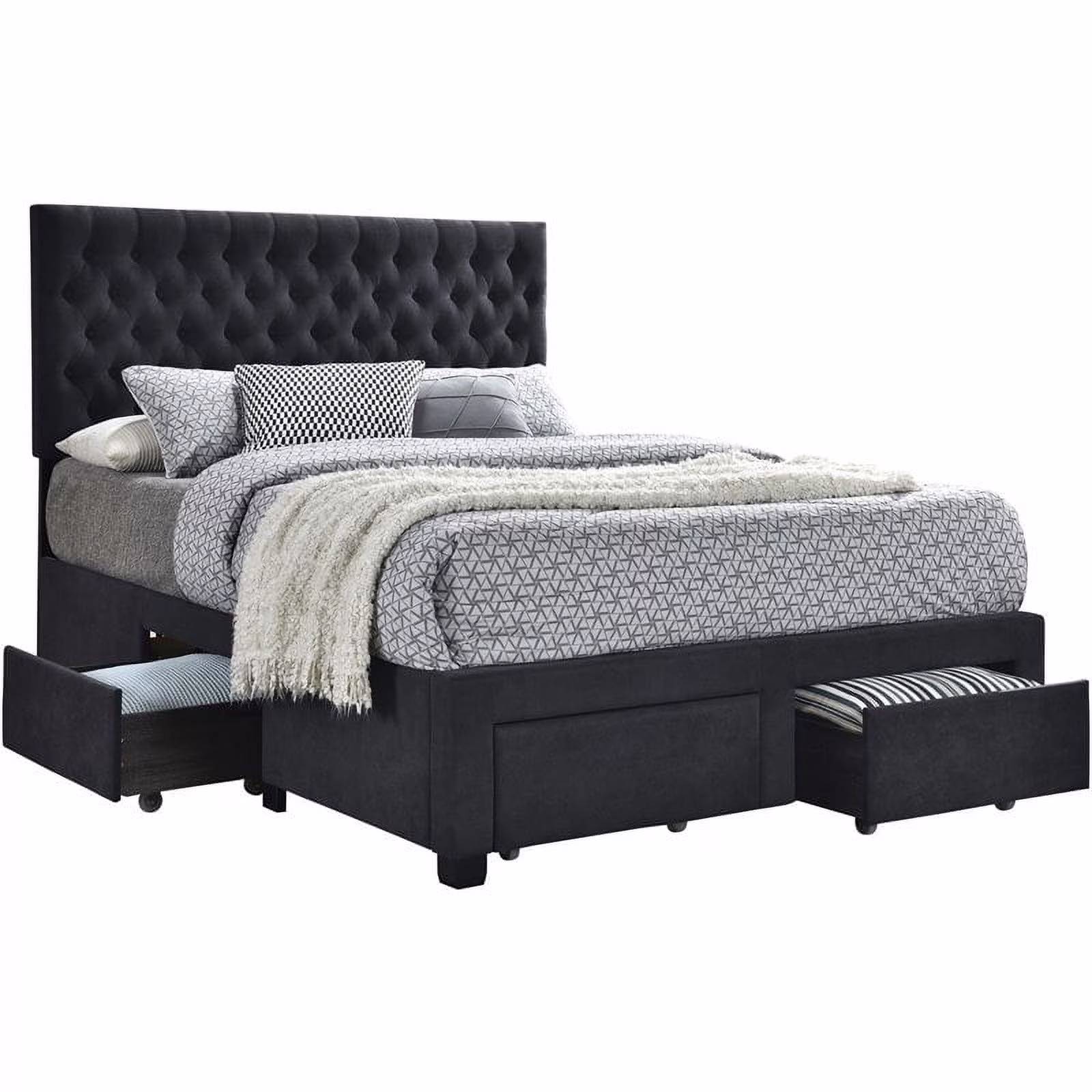 Pemberly Row 4-Drawer Button Tufted Fabric Queen Storage Bed in Charcoal