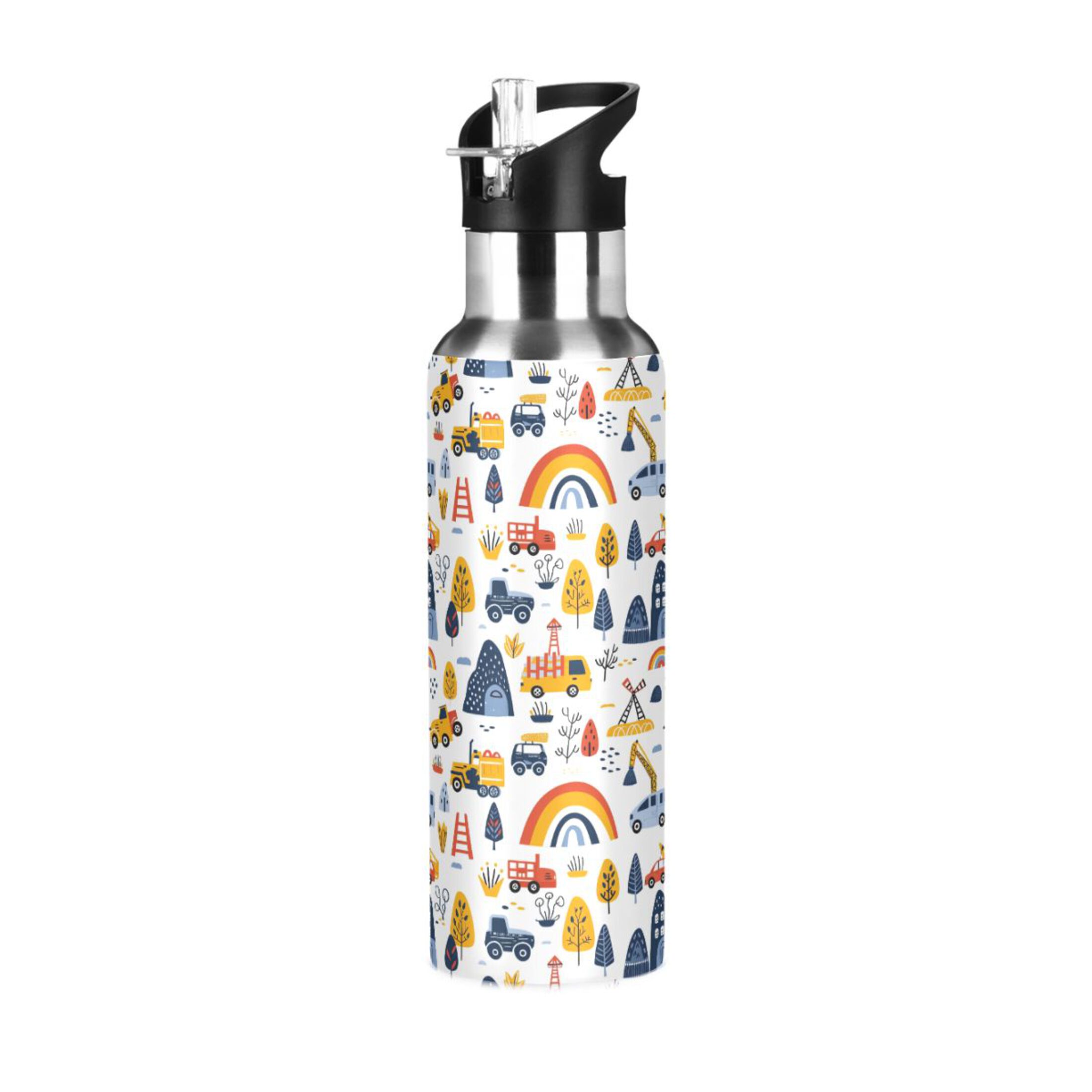 Cartoon Car Engineering Vehicle Water Bottles Insulated Thermos Kids Stainless Steel Bottle with Straw Lid Flask Leakproof for Sports Gym 20 oz