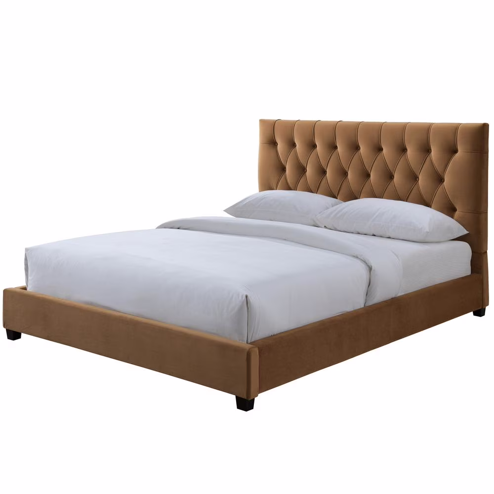 Elda Mid Century Modern Cognac Tan Velvet Upholstered King Platform Bed