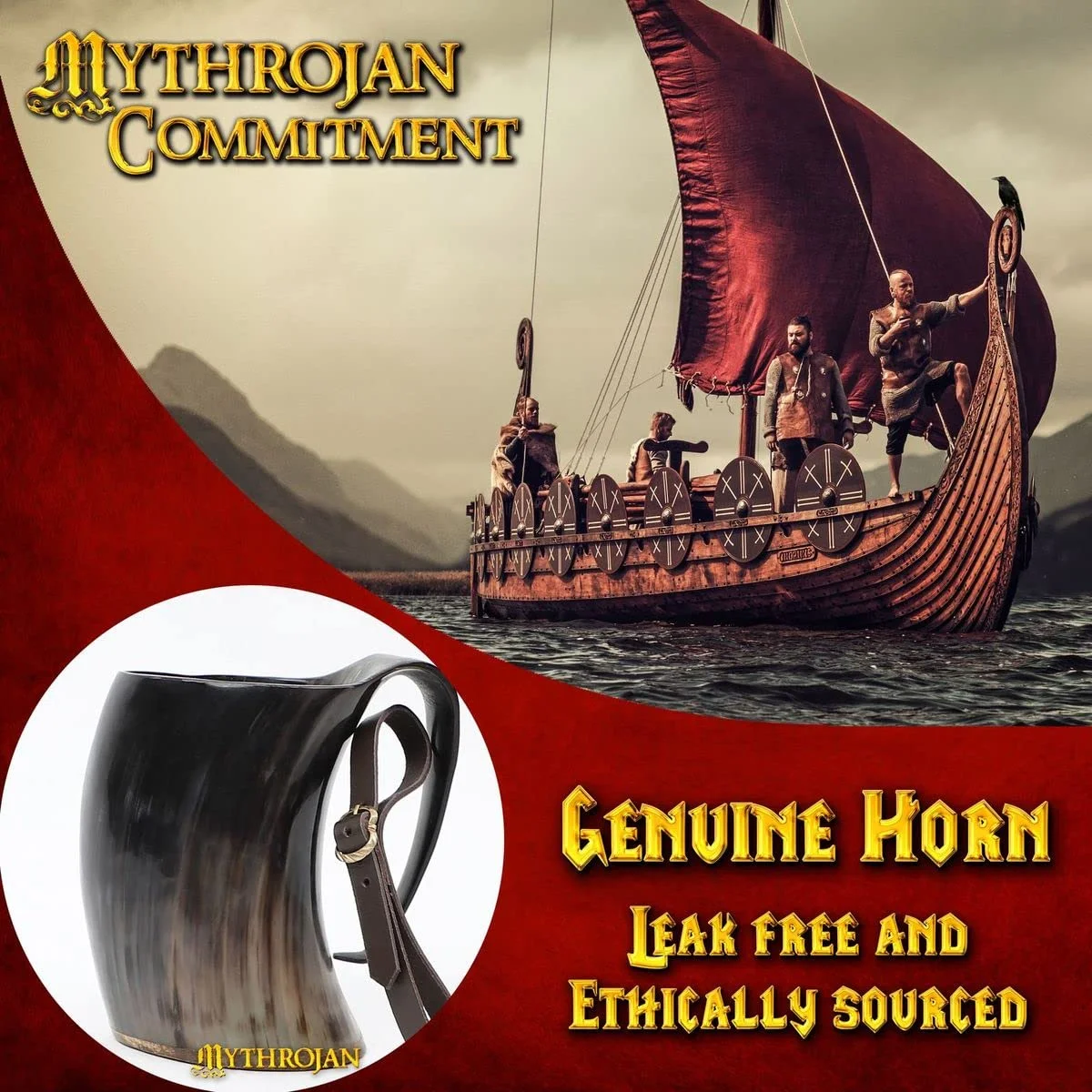 Mythrojan Viking Horn Mug Tankard with Leather Strap Safely Holds Hot and Cold Liquids Coffee Hot Chocolate - Wine Beer Mead