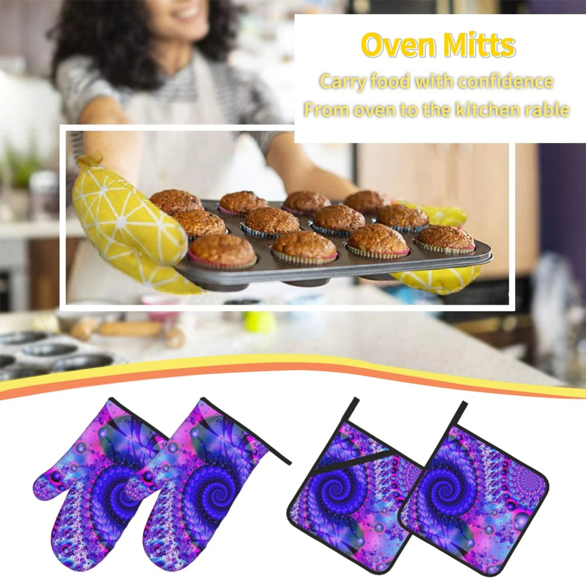ZICANCN Oven Mitts and Pot Holders Sets,Fantasy Creative Purple Fractal Baking Sets Kitchen Heat Resistant 4 Pieces