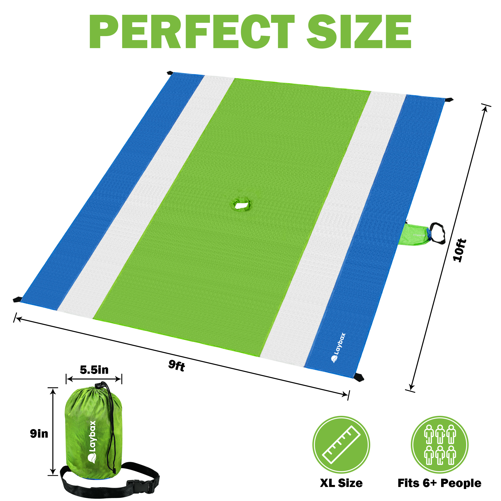 Laybax 9x10 Foot Green Beach Blanket with Retractable Umbrella Hole, Sand Pocket, and Stakes