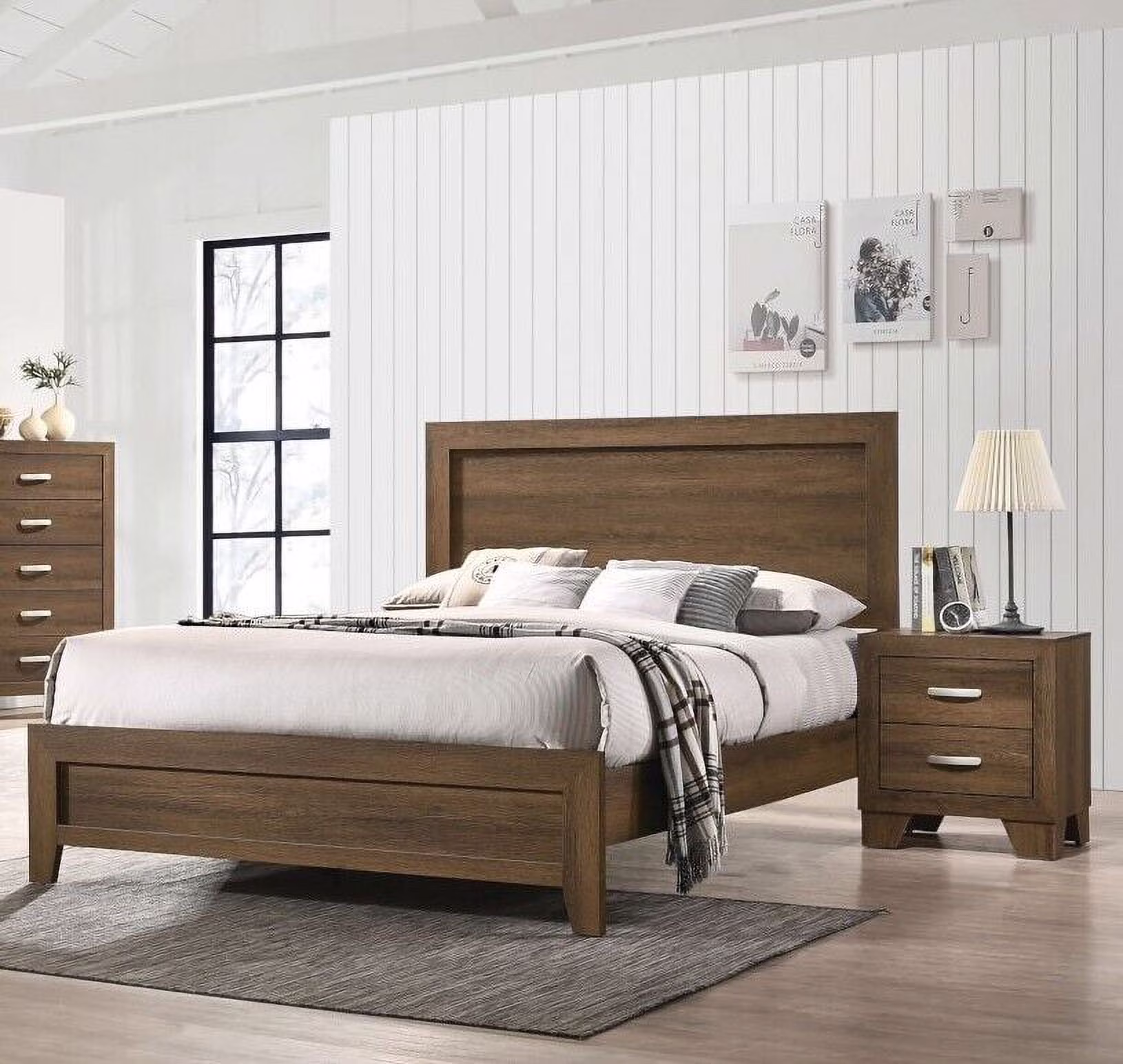 Contemporary Bedroom 3pc Set Eastern King Size Panel Bed and 2x Nightstands Oak Finish