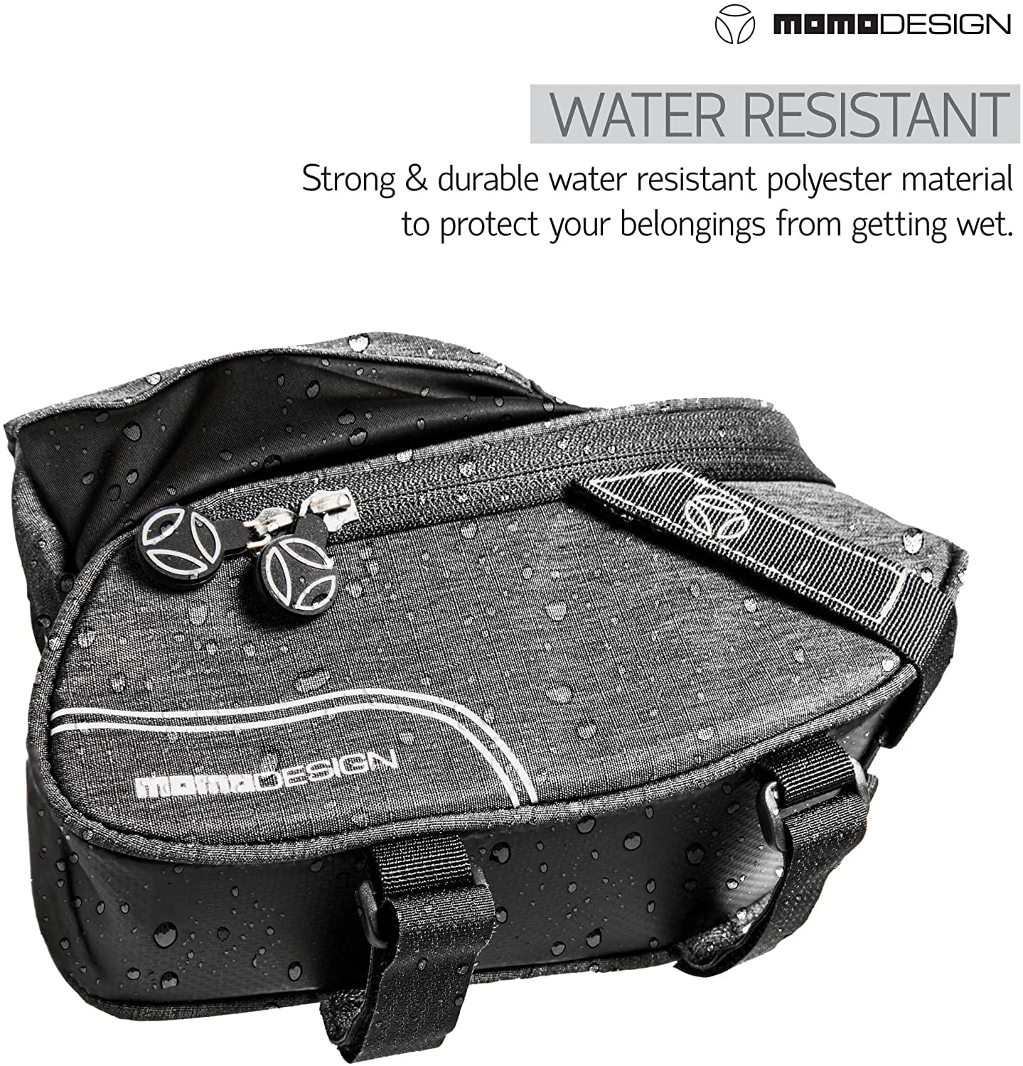 MOMODESIGN Bike • Saddle Bag with Bottle Holder & Light • Universal Mounting • Bag Weather Safe & Water Resistant • Reflective Design • Bottle Holder • Capacity of 1.8 L