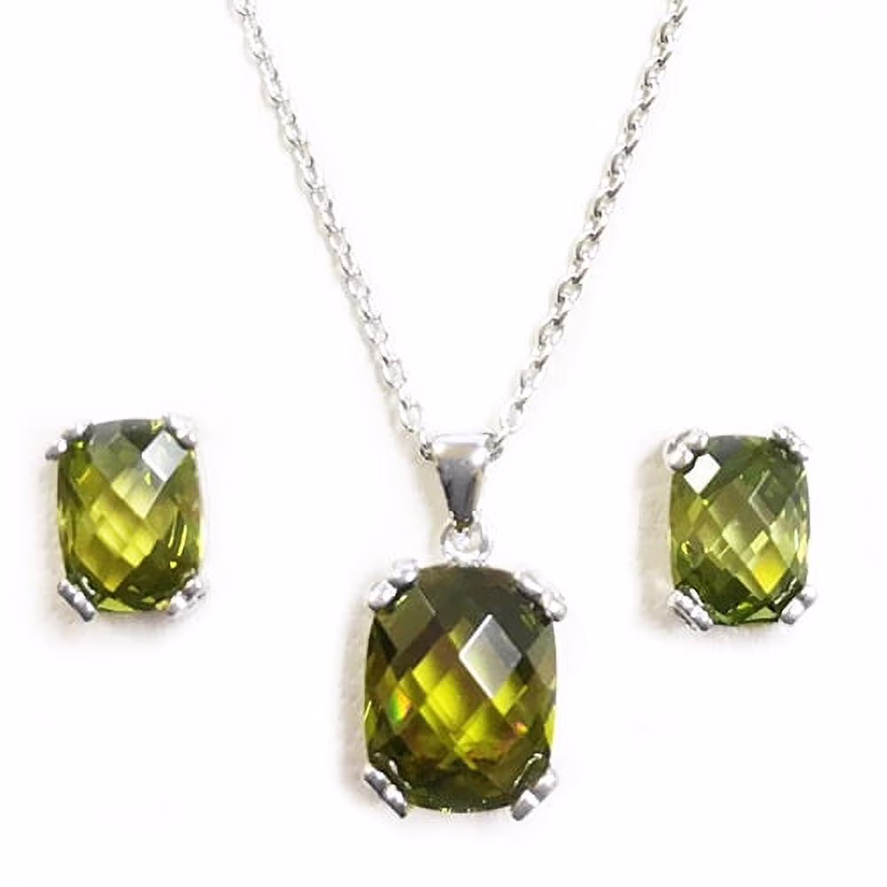 Prong Set French Cut Earring-Pendant Set with Artificial Peridot Diamond by Diamond Essence Set in Sterling Silver