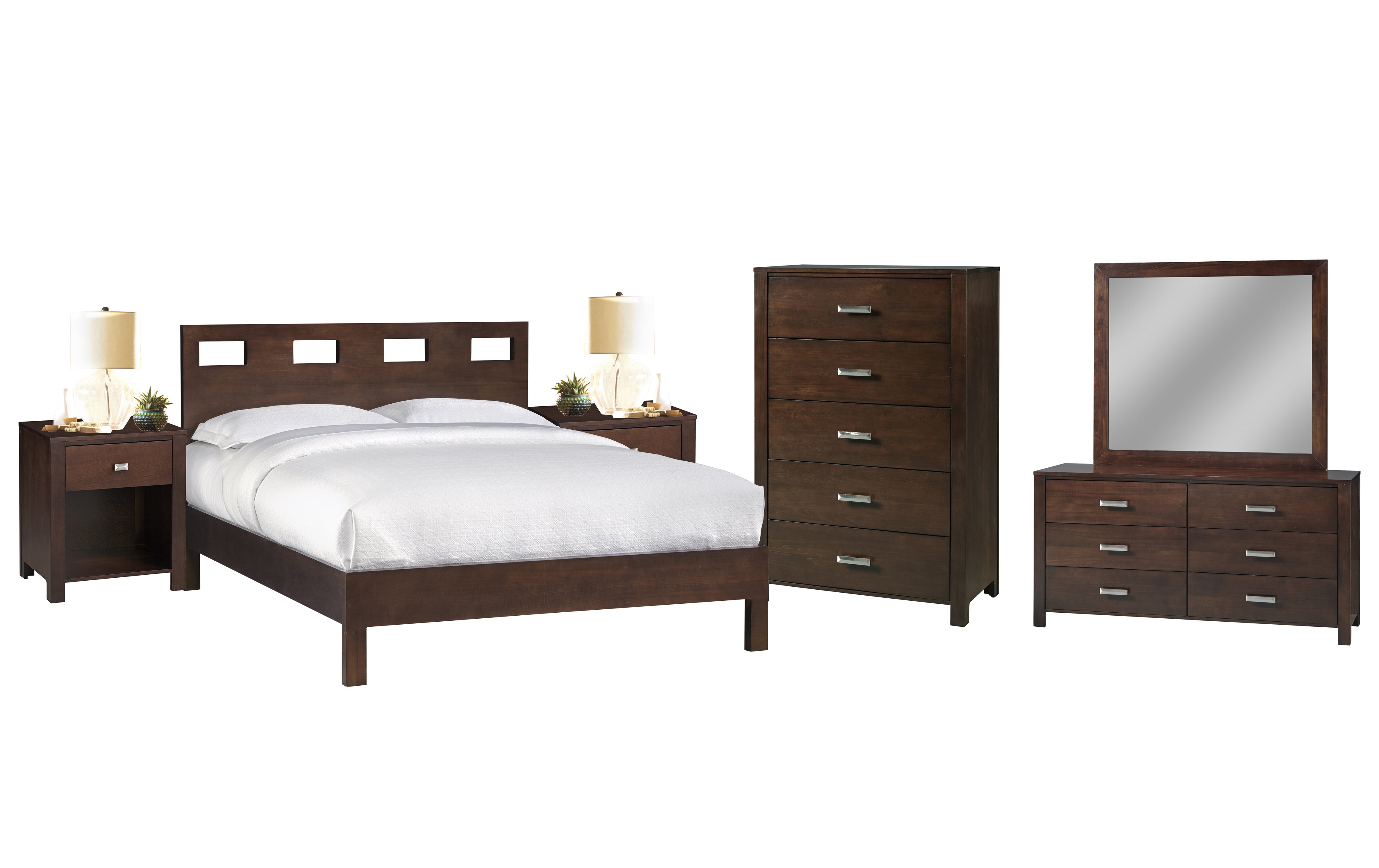 Ranshaw 6PC Cal King Platform Bed, 2 Nightstand, Dresser, Mirror & Chest Set in Mocha Brown Mahogany