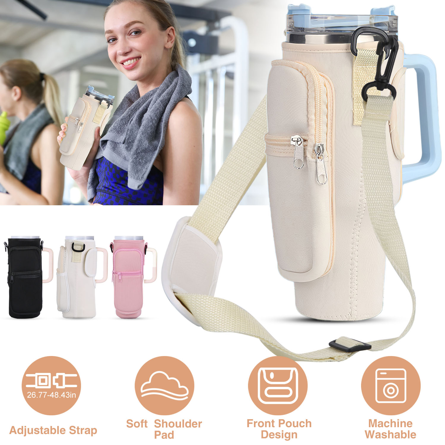 Water Bottle Carrier Bag iMounTEK Bottle Pouch Holder Adjustable Shoulder Hand Strap 2 Pockets Neoprene Sports Water Bottle Accessories for Hiking Travelling Camping Pink