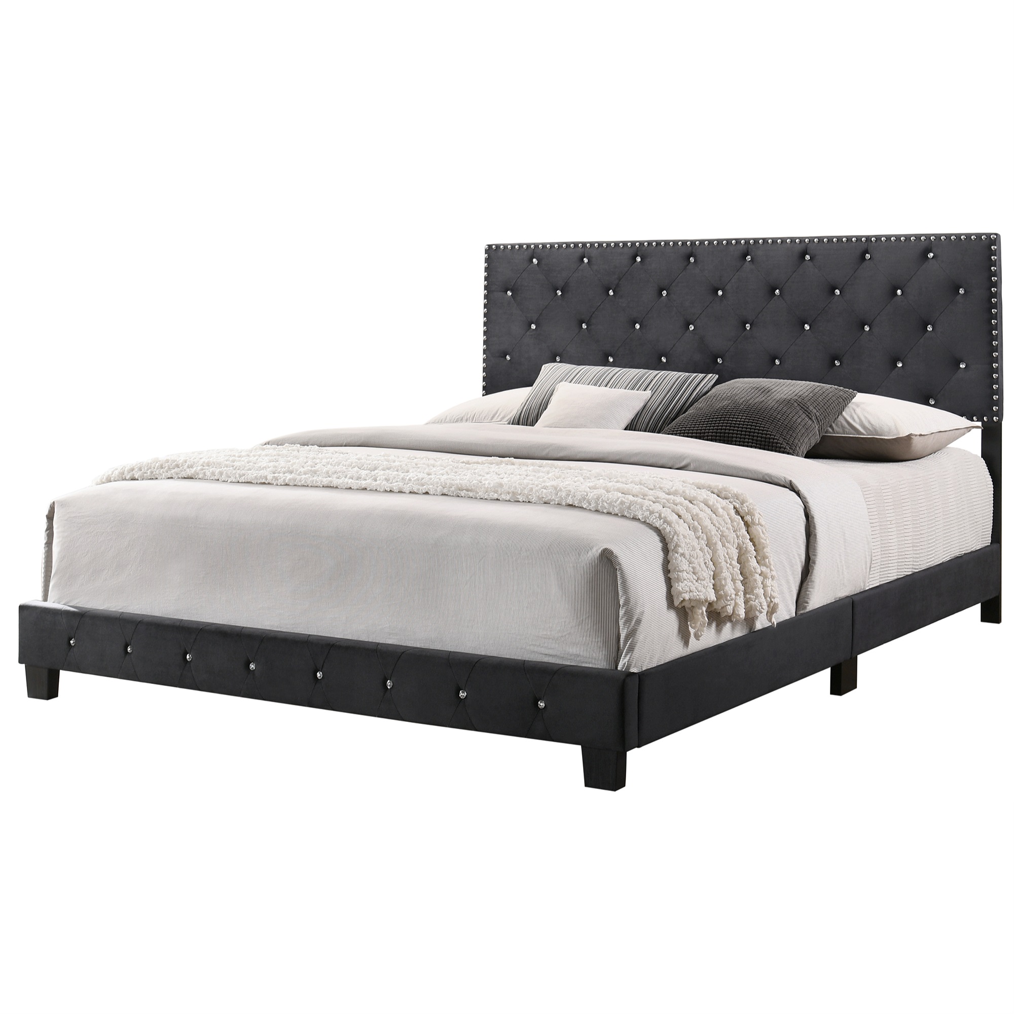 Passion Furniture Suffolk Black Tufted Velvet Upholstered King Panel Bed