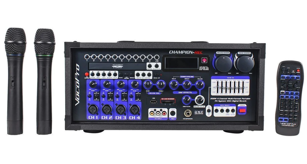 VOCOPRO CHAMPIONREC3 200W 3 Channel Multi-Format Portable P. A.  System with Digital Rec