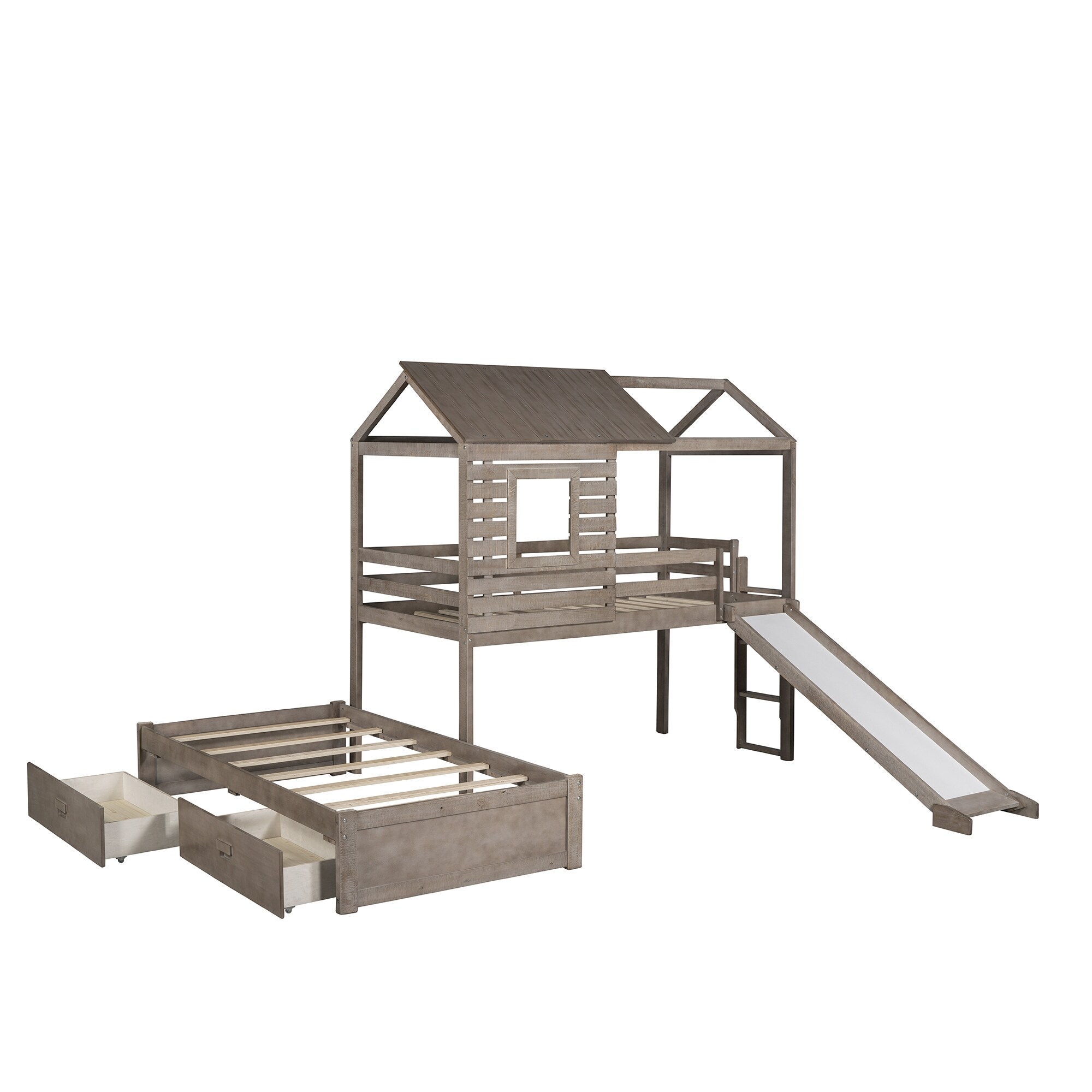 Home Adores, Inc. Rhett Twin Over Twin Bunk Bed with Two Drawers and Slide Antique Grey
