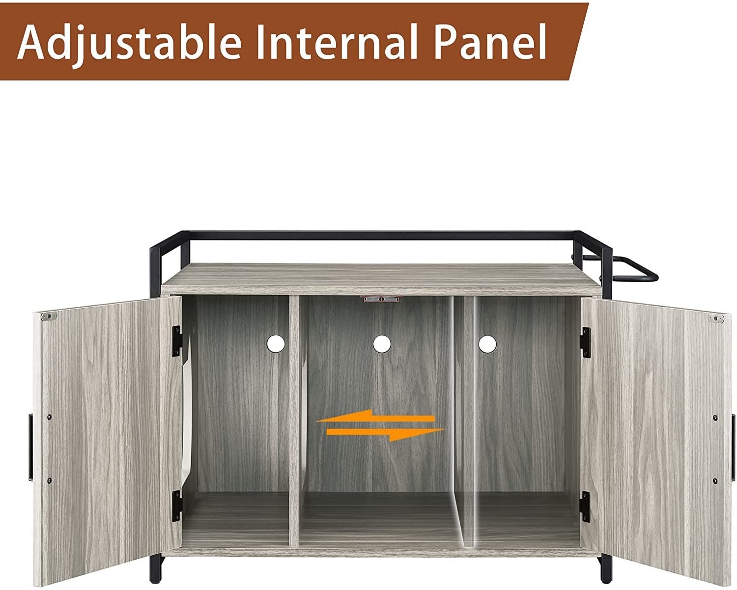 LANTRO JS Hidden Cat Litter Box Furniture with Ventilation and Bench Seat, Pet Crate with Iron and Wood Sturdy Structure