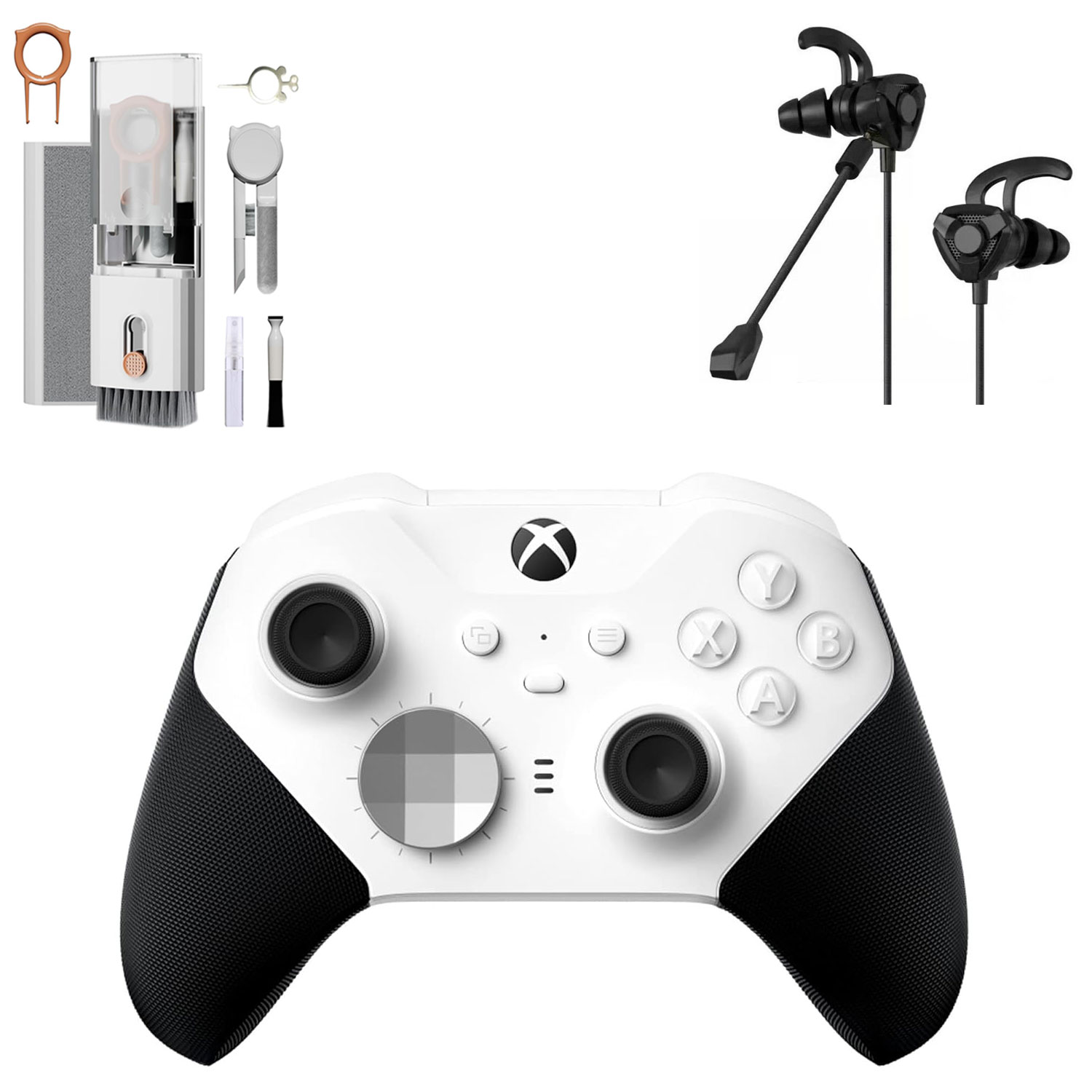 Xbox Elite Series 2 Wireless Gaming Controller White For Xbox Console With Black Gaming Buds + Cleaning Kit BOLT AXTION Bundle Like New