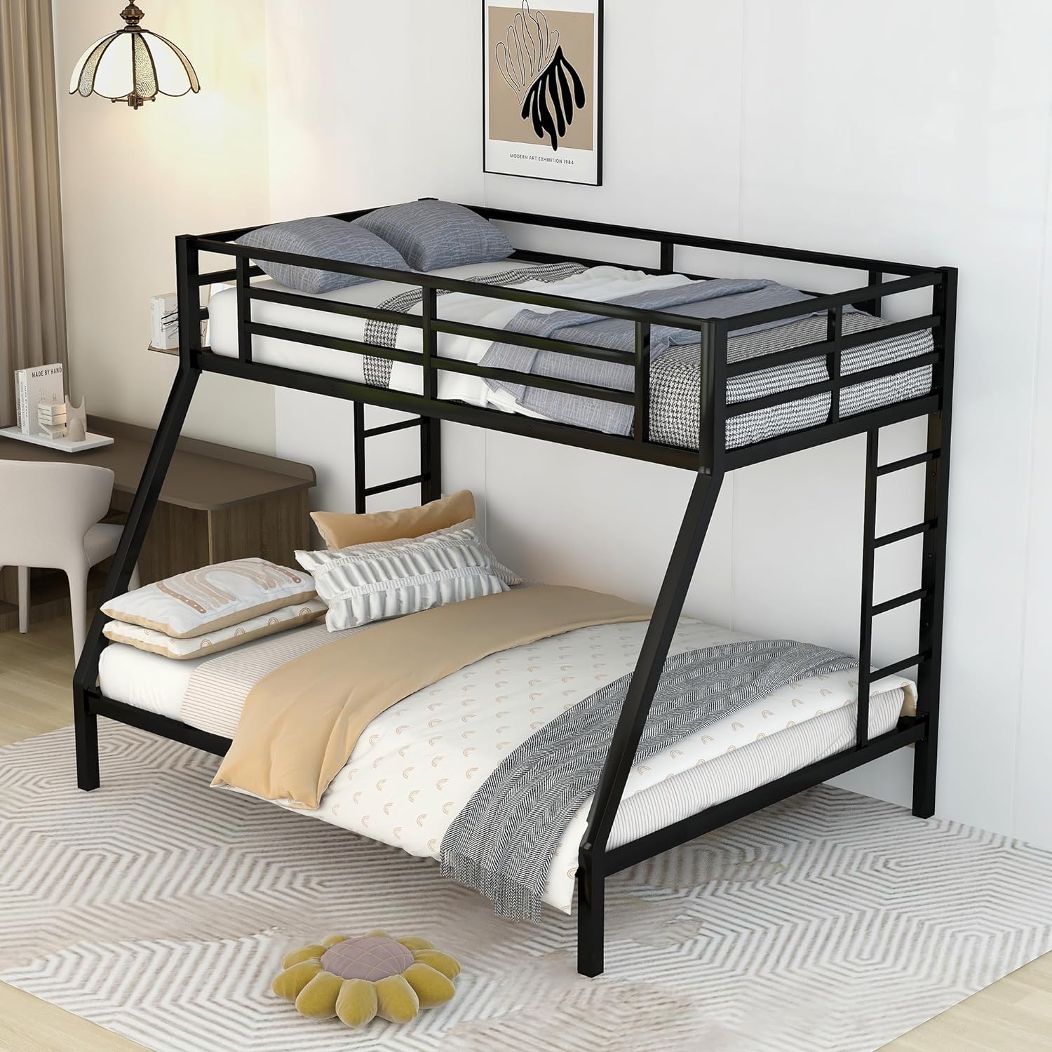 Bunk Bed XL Over Queen Metal Bunk Bed Frame With 2 Ladders And Guardrails, Black