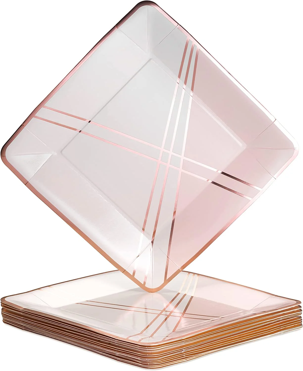 Abstract Design Disposable Dinner Plates (18 Pc) Heavy Duty Paper Plates 10”, Rose Gold Party Supplies for Baby Showers, Deco Collection Square Plates - Great for Birthdays, Weddings & Events, Pink