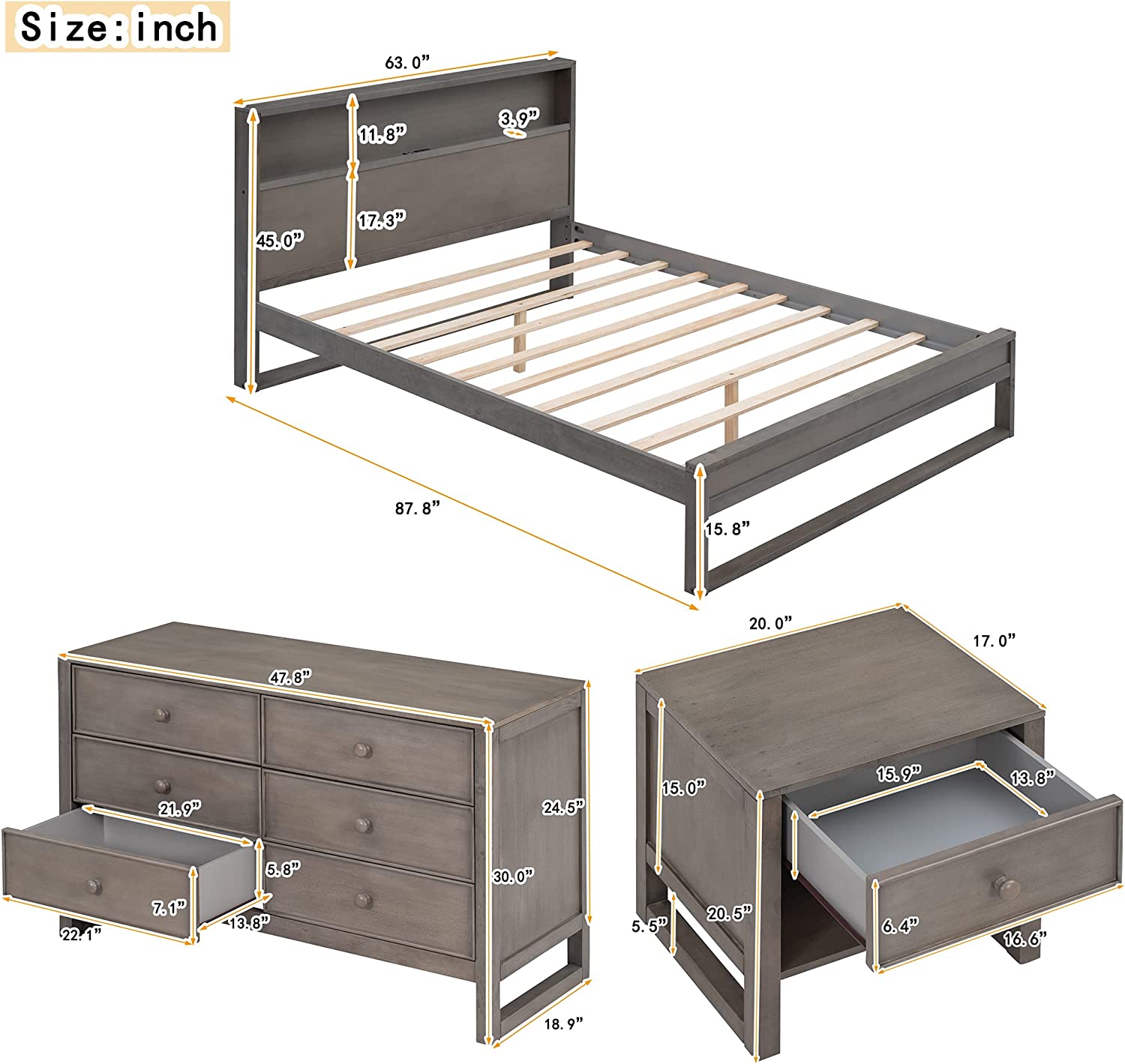 Bedroom Sets, 3 Piece Bedroom Sets With Queen Size Platform Bed, Nightstand And Dresser, Solid Pine Wood Framhouse Bed Room Set, Queen Bedroom Sets, Antique Gray