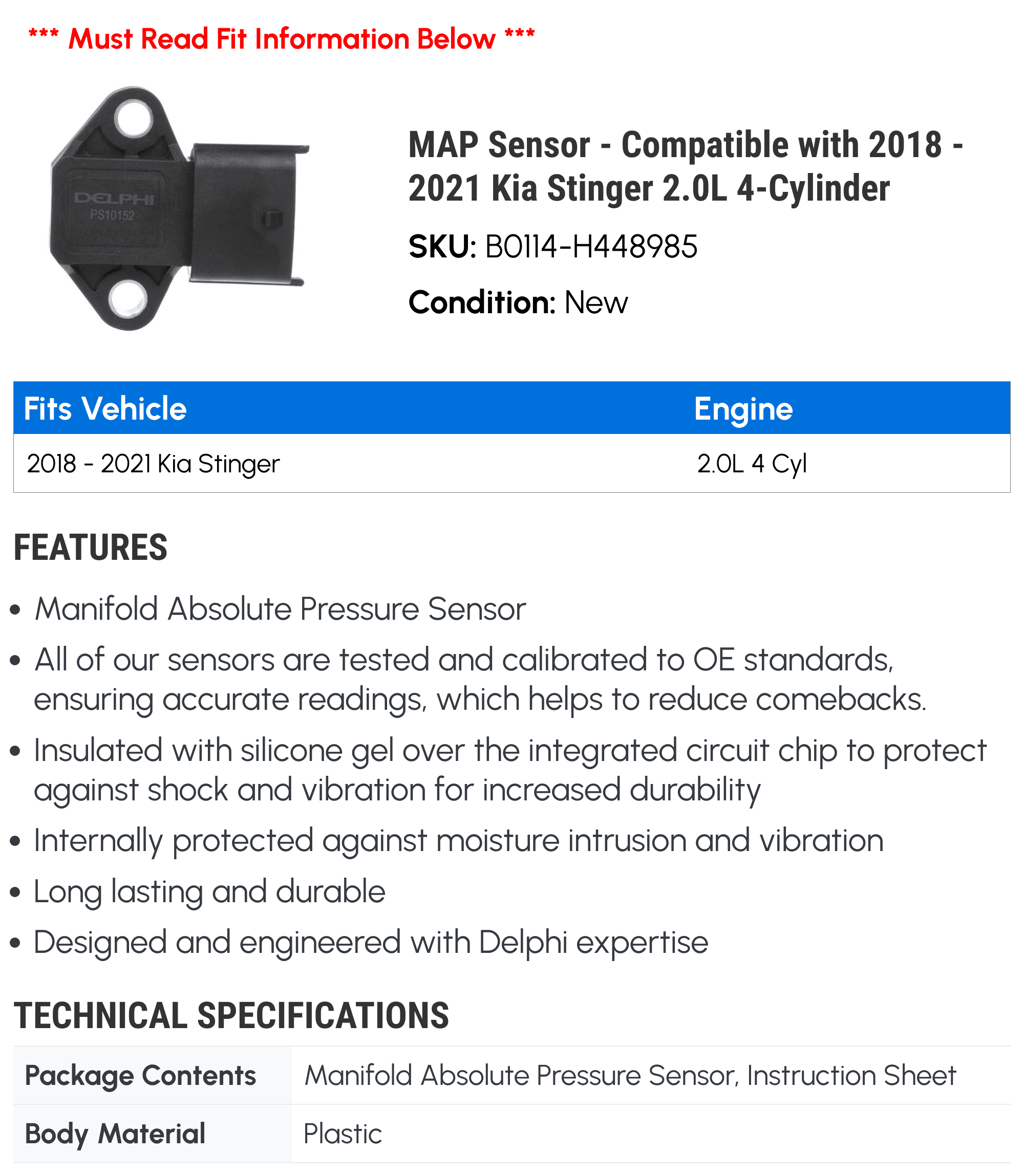 MAP Sensor - Compatible with 2018 - 2021 Kia Stinger 2.0L 4-Cylinder 2019 2020