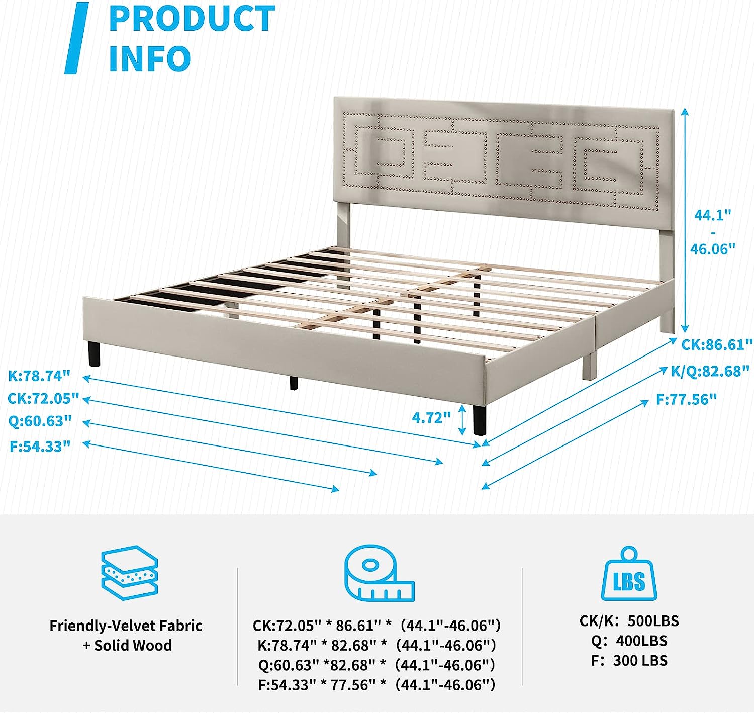 BALUS King Size Bed Frame with Headboard, Shiny Nailhead Platform Bed with Adjustable Headboard, Upholstery Platform Bed Frames with Wood Slat Support, No Box Spring Needed, Easy Assembly, Beige
