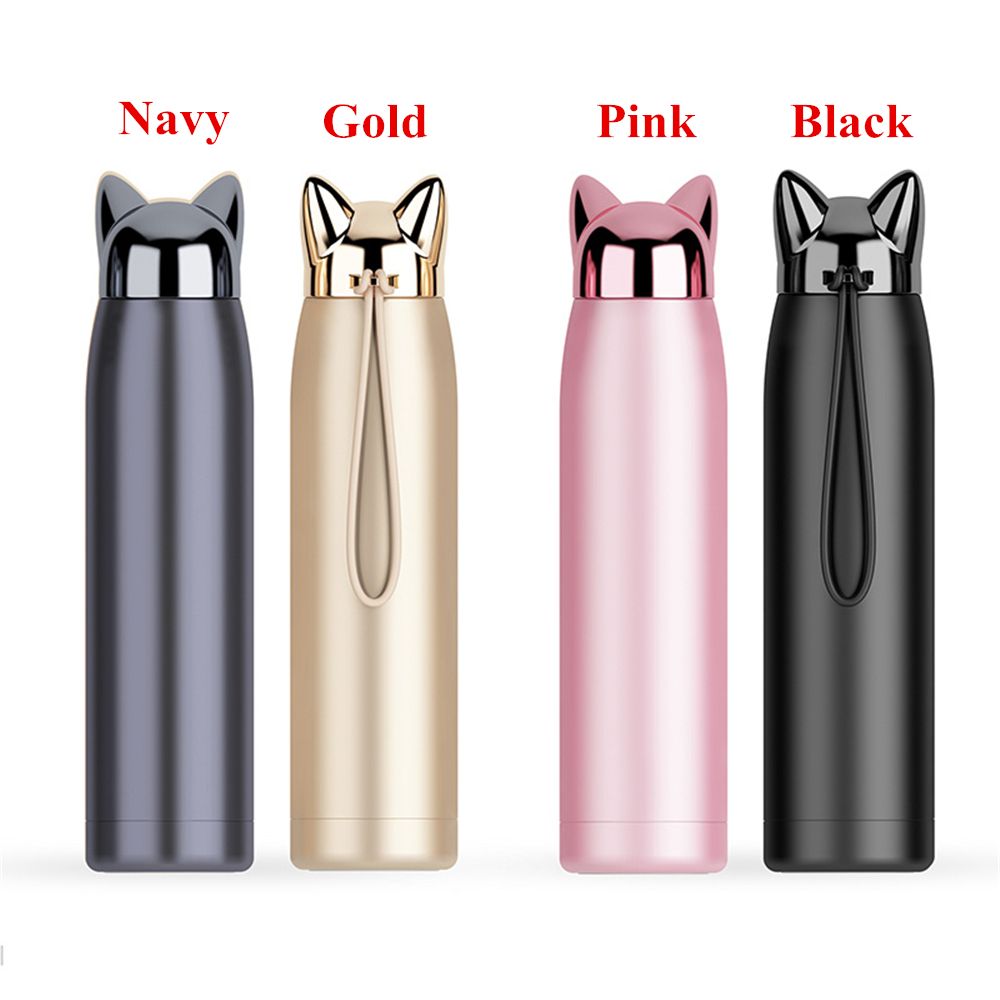 Sport & Gym Cute Insulated Vacuum Drink Flask Coffee Mug Thermal Cup Cat Fox Ear Double Wall Water Bottle NAVY BLUE