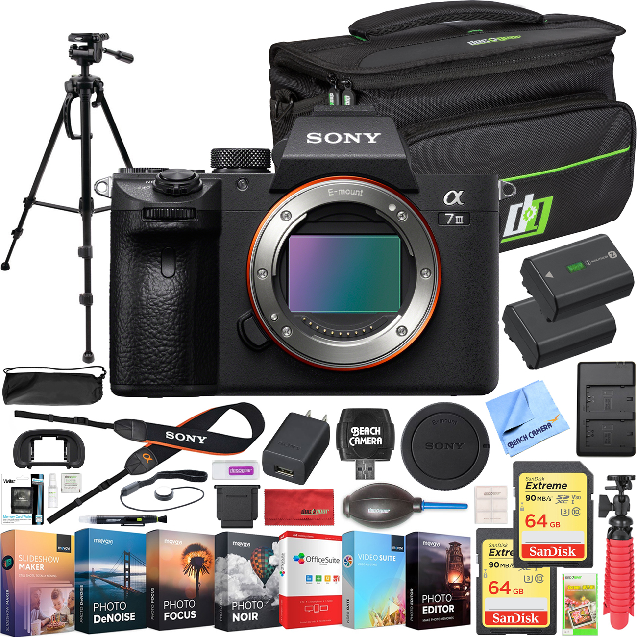 Sony a7 III Full Frame Mirrorless Interchangeable Lens 4K HDR Camera ILCE-7M3 Body Bundle with Deco Gear Travel Bag, 2x 64GB Memory Cards, Editing Suite and Accessories (18 Items)