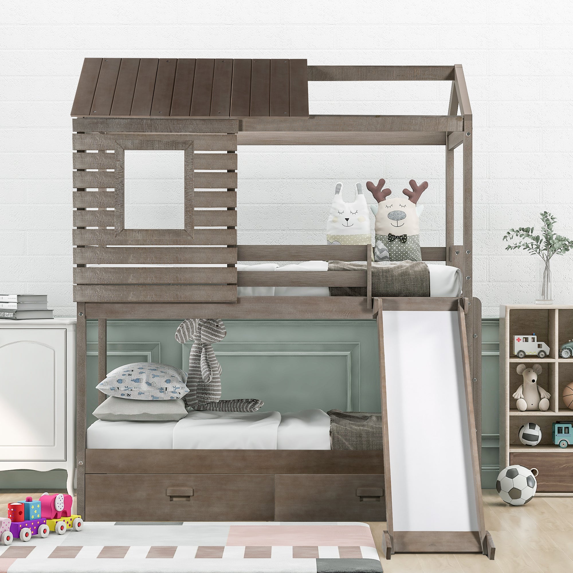 House Shape Bunk Bed with Slide Made by Solid Wood Bunk Beds with Roof, Window, Guardrail and Ladder for Kids, Teens, Girl or Boys Loft, Twin Over Twin/Slide, Antique Gray