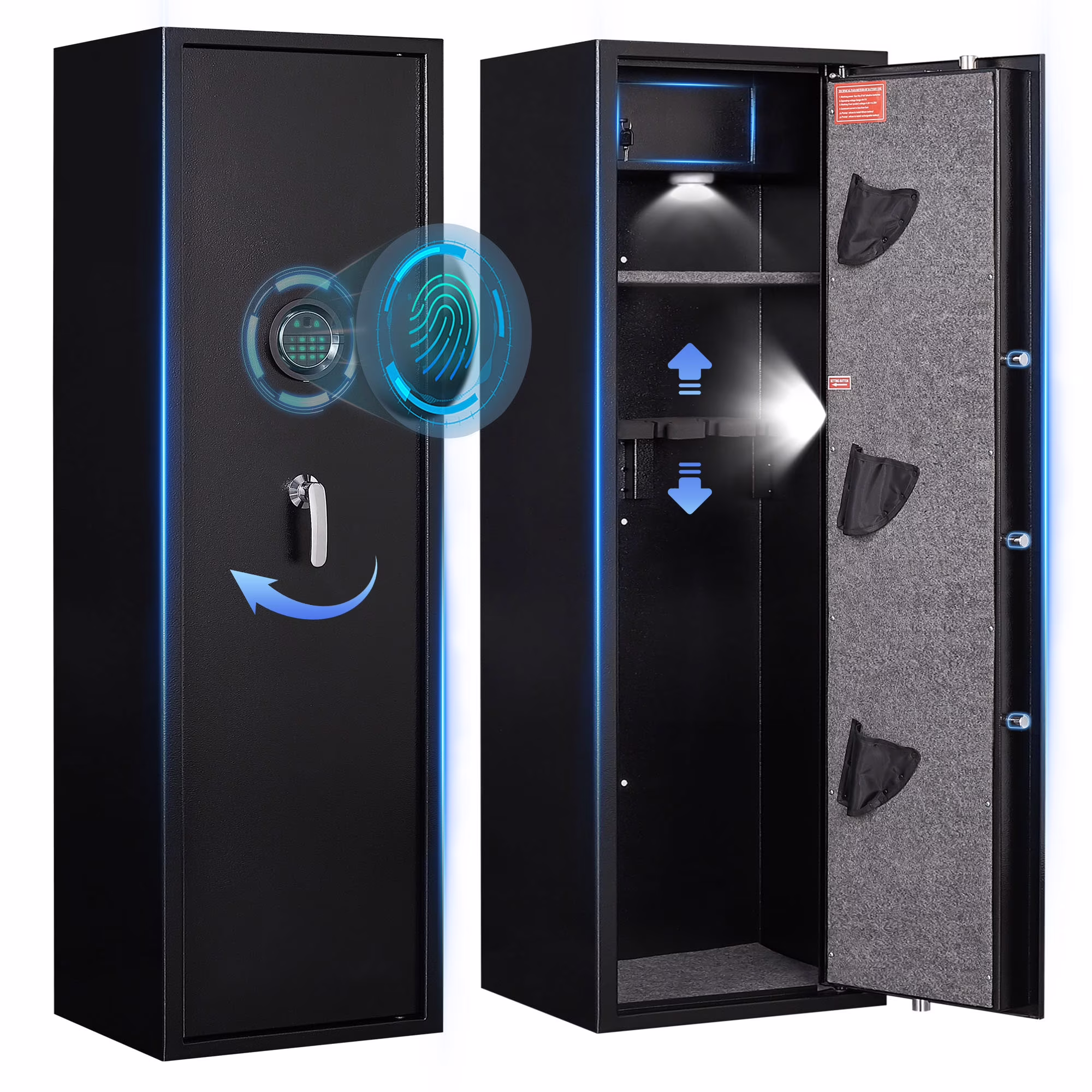 Foorsun Large Gun Safes with Fingerprint Unlocking，Rifle Gun Safe for Home 3-5 Rifles and Shotguns, with LED Light and Anti-Tampering Alarm System, 60 Second Alarm, Gun Cabinet Placed in the Bedroom