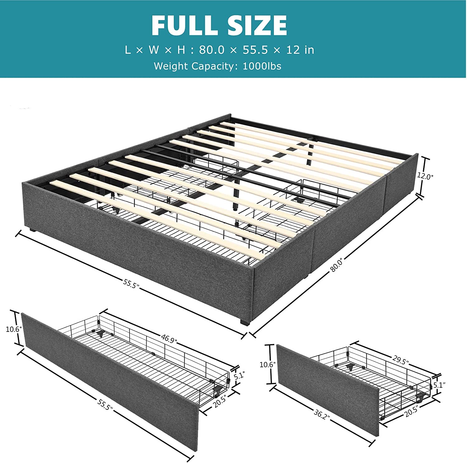 Alohappy Full Size Upholstered Platform Bed Frame with 3 Storage Drawers  No Fixed Headboard Storage Bed Design  Mattress Foundation with Wooden Slats  No Box Spring Needed  Noise Free(Da