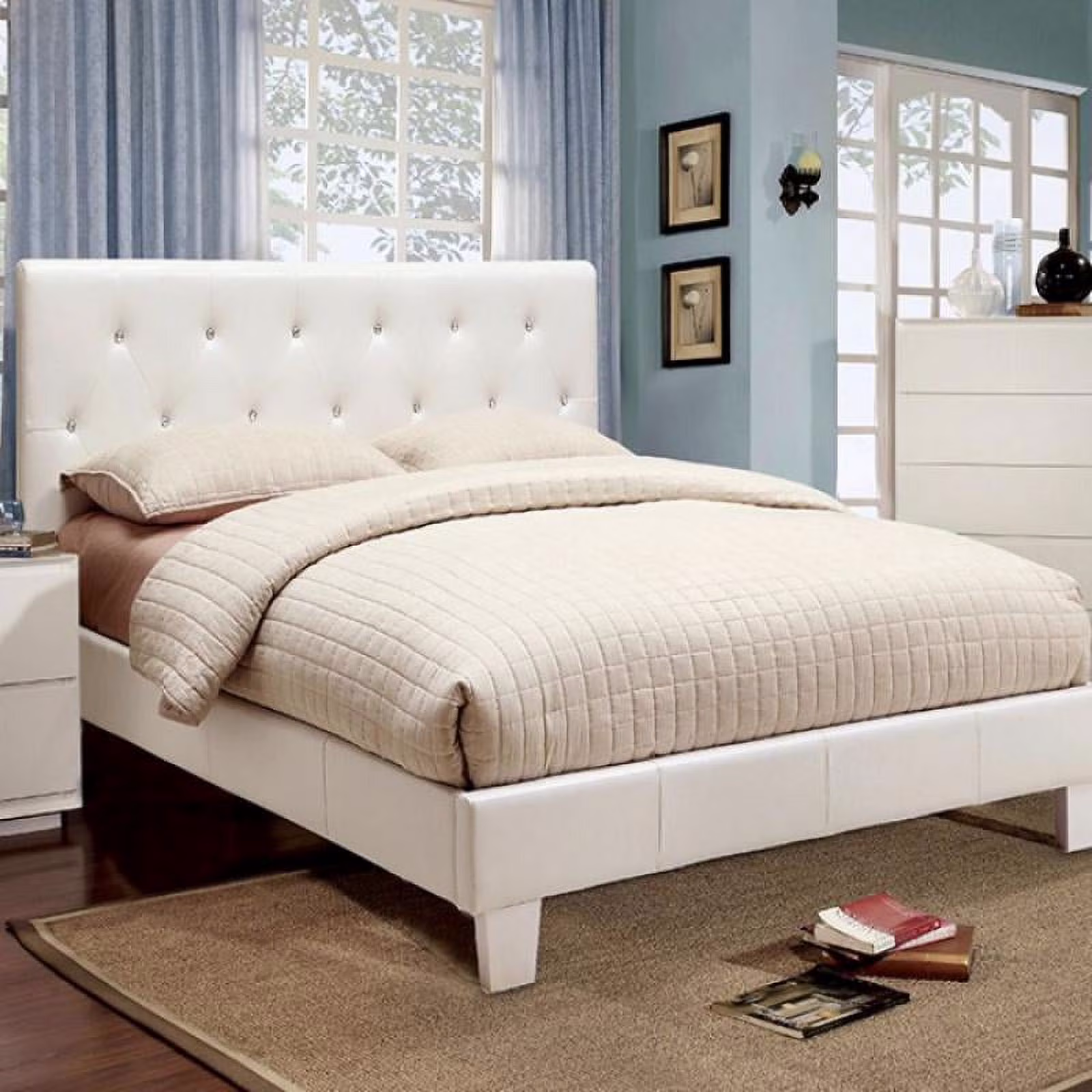 Contemporary Leatherette Padded Tufted Crystal Like Button Platform Eastern King Size Bed European Style White Color Wooden Bedroom Furniutre 1pc Bedframe