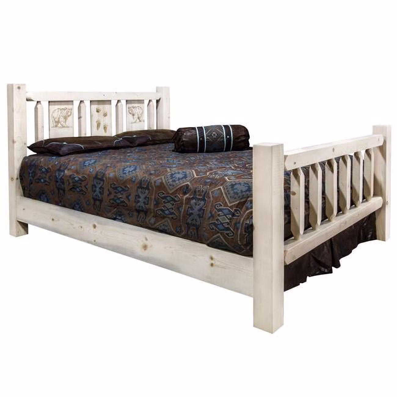 Homestead Collection Queen Size Bed with Laser Engraved Bear Design, Clear Lacquer Finish