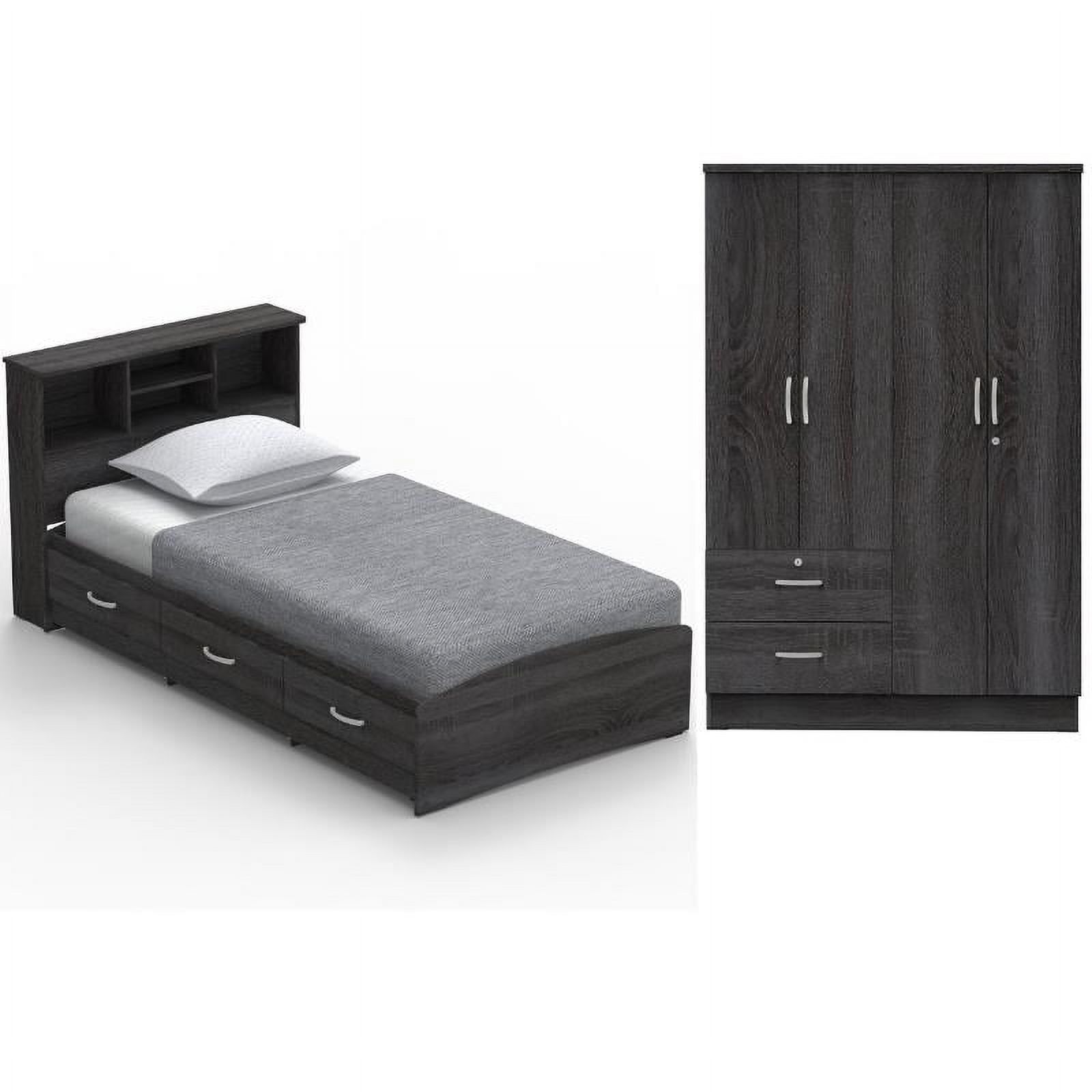 Home Square 2-Piece Set with Twin Captains Bed 4-Doors 2-Drawers Armoire in Gray