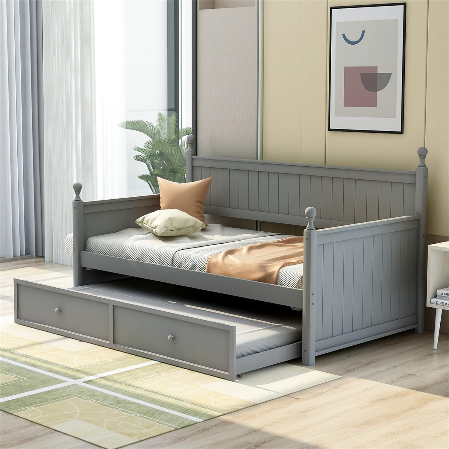 Daybed Wih rudle Bed, Wood Sofa Bed For Livig Room Bedroom, Plaform Bed For Kids Guess, o Box Sprig eeded (, Gray)